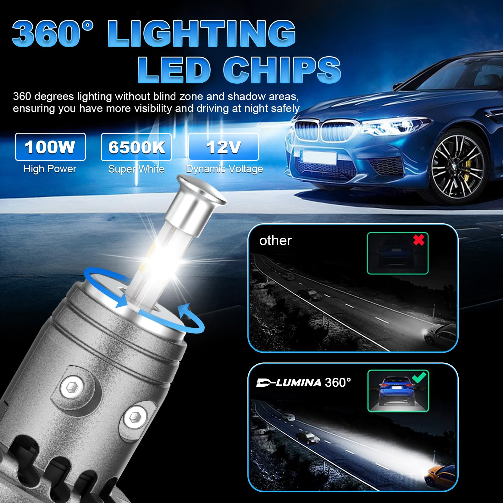 D-Lumina H7 LED Żarówka 360°, 100W 16000LM 6500K Super Bright Zestaw do wymiany reflektorów na halogeny do samochodu 12V, 2 sztuki