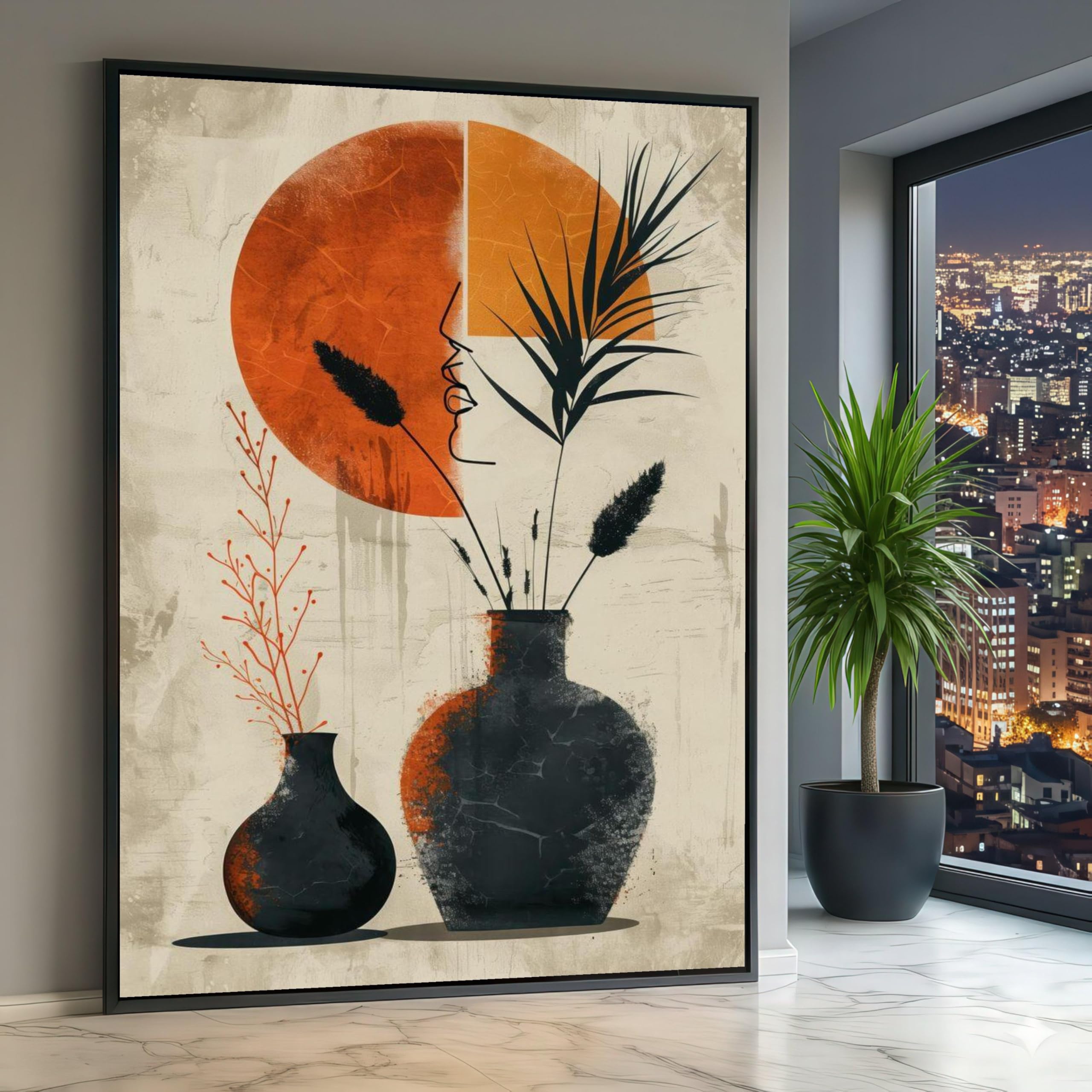 LMYCHENG Minimalist Line Painting Bohemian Face Canvas Wall Art, Abstract Vase Botanical Print for Living Room Home Decor Artwork(70x110cm/Frameless)