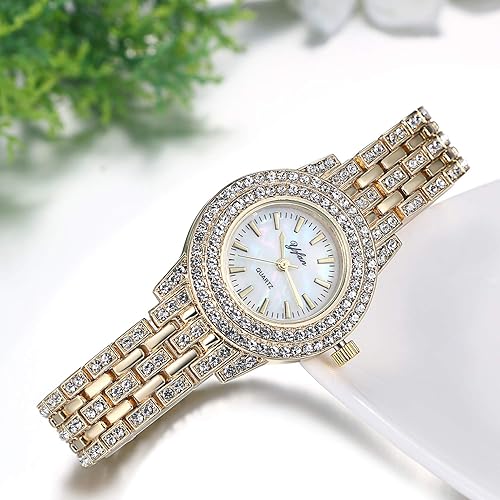 Miniatura 5 de JewelryWe Women Watches Gold Tone Alloy Rhinestone Quartz Watch Stylish Bling Dress Watch Wristwatches for Christmas