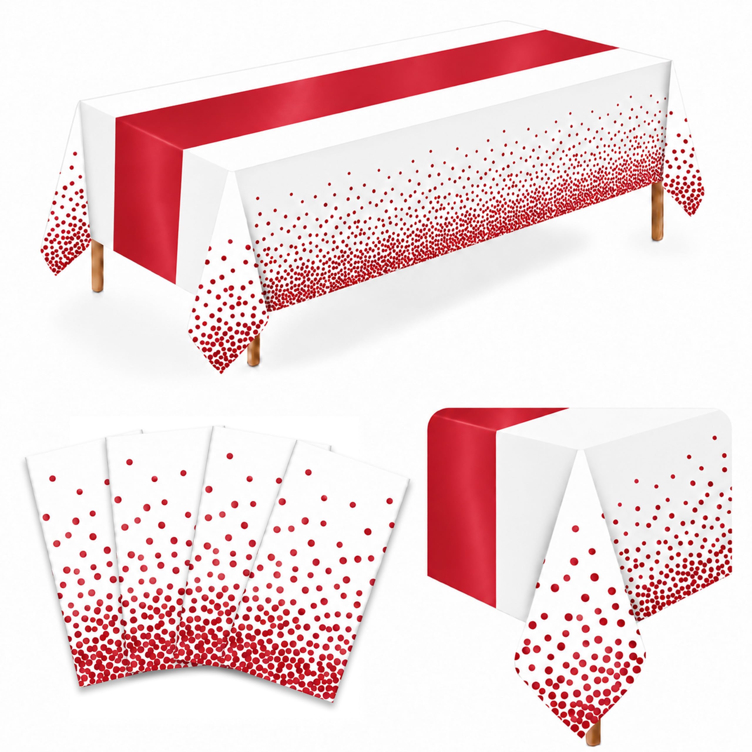 4 Pack White Red Plastic Tablecloths, 54 x 108 Inch Rectangle Covers
