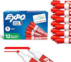 EXPO Dry Erase Markers, Low Odour Ink, Red, Chisel Tip, 12 Count