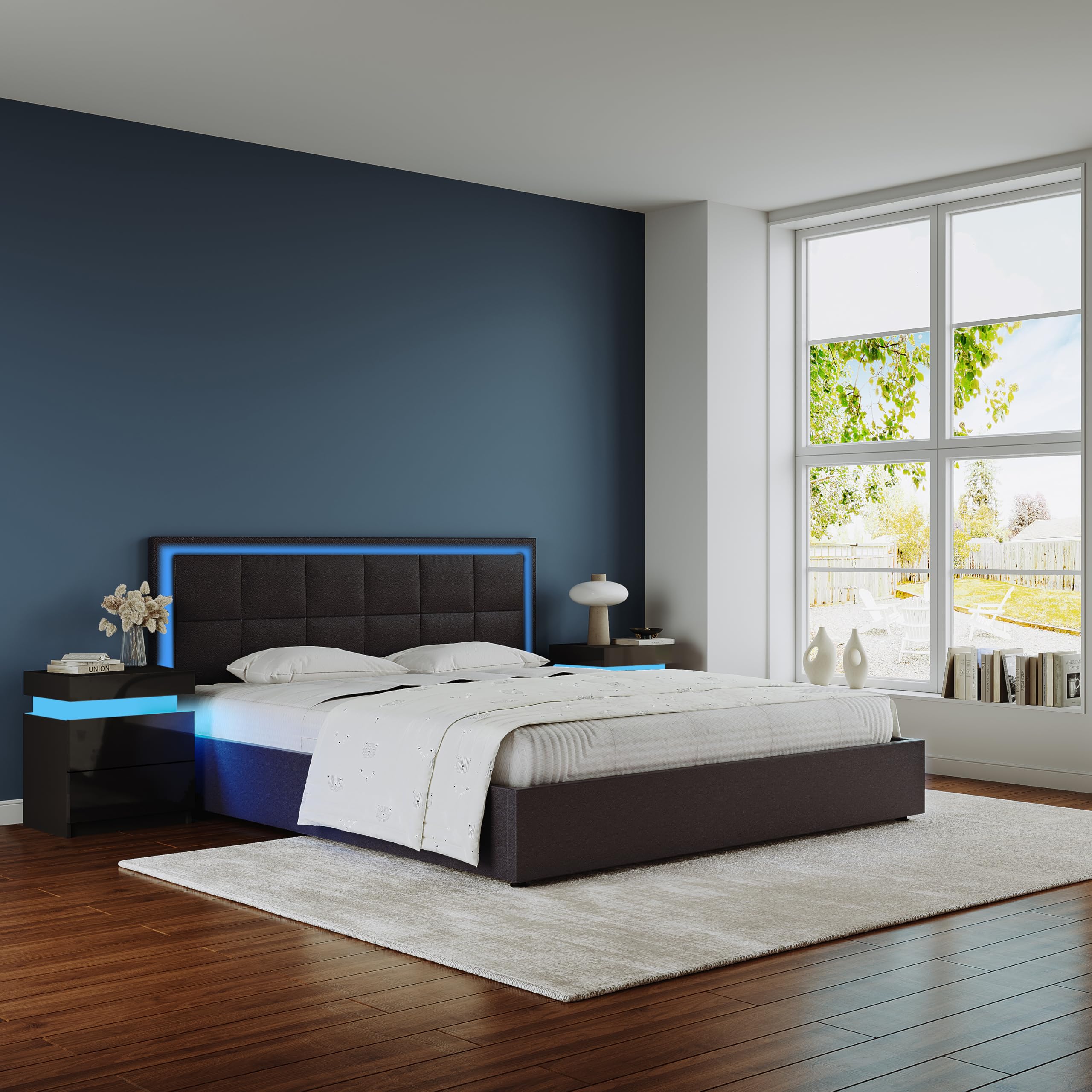 Ottoman Bed,4ft6 Upholstered Bed Ottoman Lift Storage Bed with LED Lights