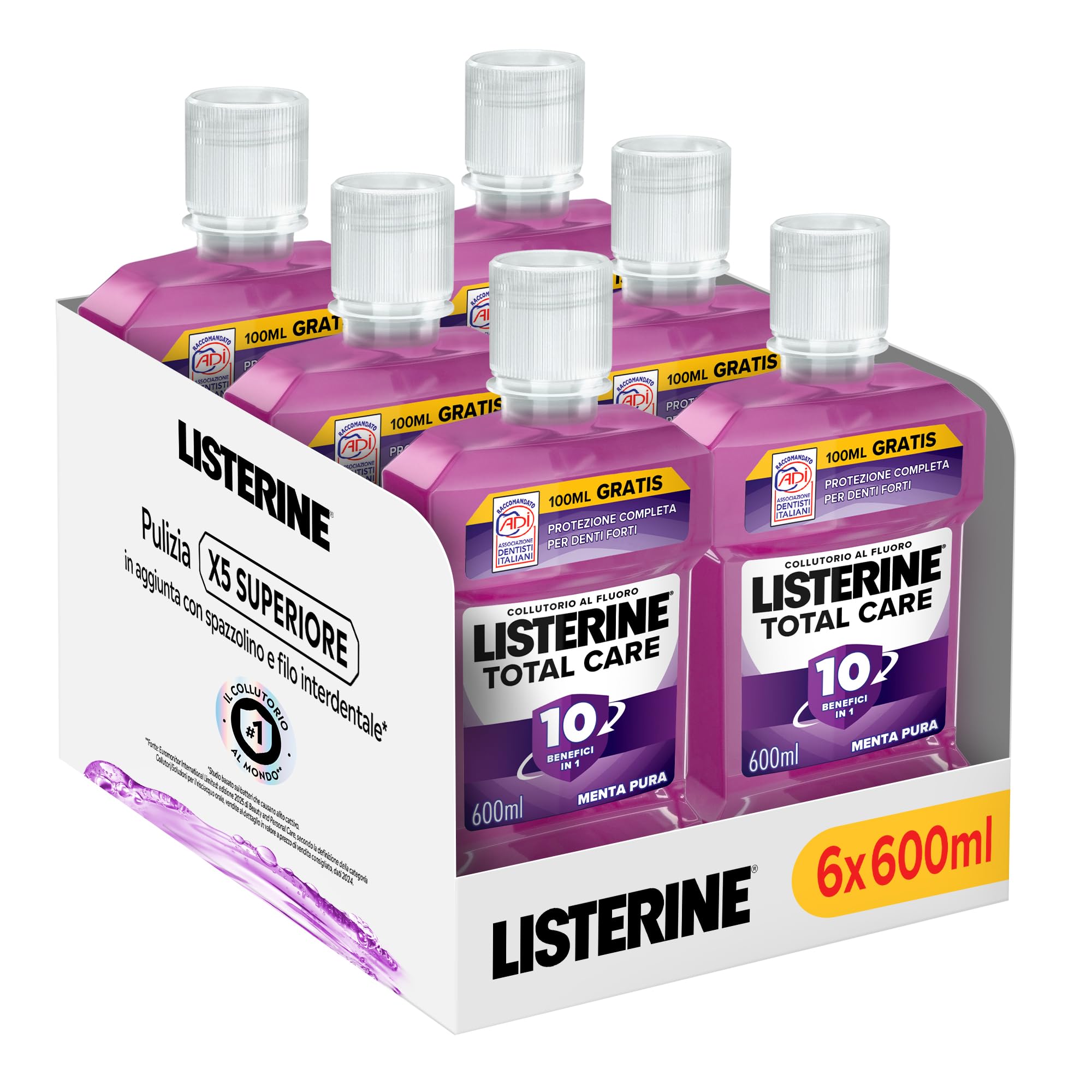 LISTERINE Total Care, Collutorio al gusto di Menta Pura, Collutorio al Fluoro con 10 benefici in 1 per una protezione completa e denti più forti, per un'igiene orale completa, 6x600 ml