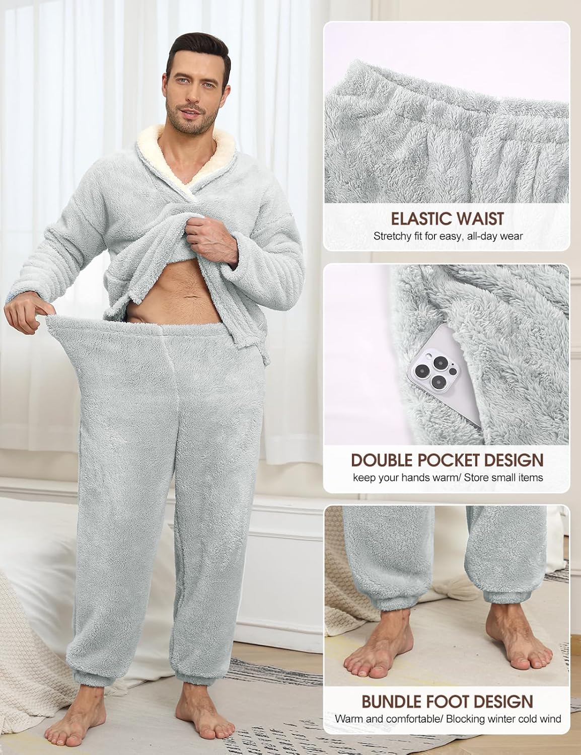 Fluffy Men's Pajamas Set, Soft Fleece PJs Sets Lounge Sleepwear Pajama Pants Comfy Pyjamas with Pockets for Warm Winter - Image 5