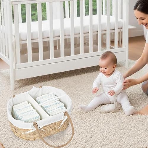 Miniatura 3 de Organizador de pañales de mimbre tejido a mano, bolsa de pañales multifuncional para guardería y almacenamiento en el hogar, forro desmontable, asas