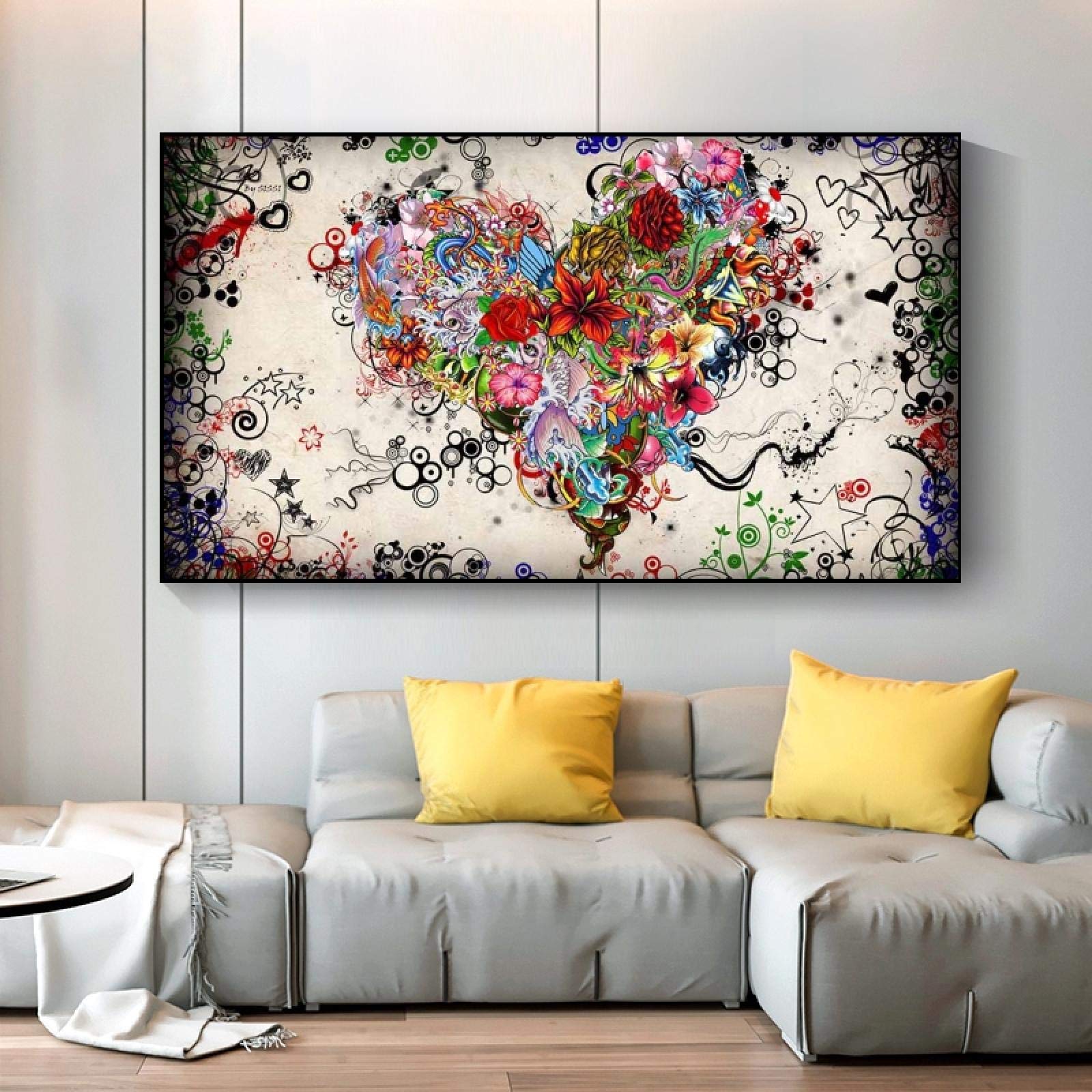 Amazon｜ハートの花の絵画キャンバスに抽象的な壁アートポスターと