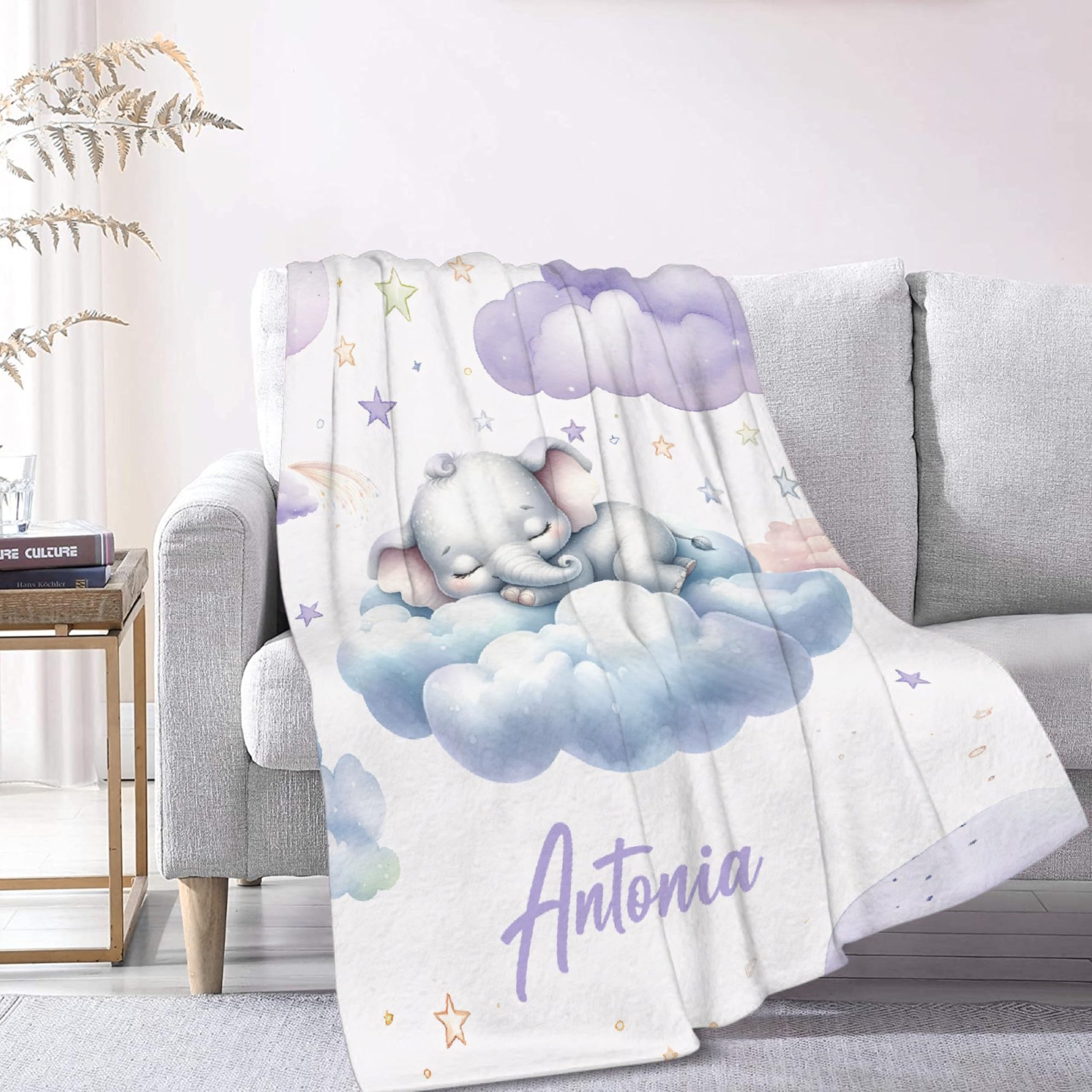 Personalized Elephant Name Baby Blanket - Custom Minky Blanket For Newborn, Toddler, Or Baby Shower Gift