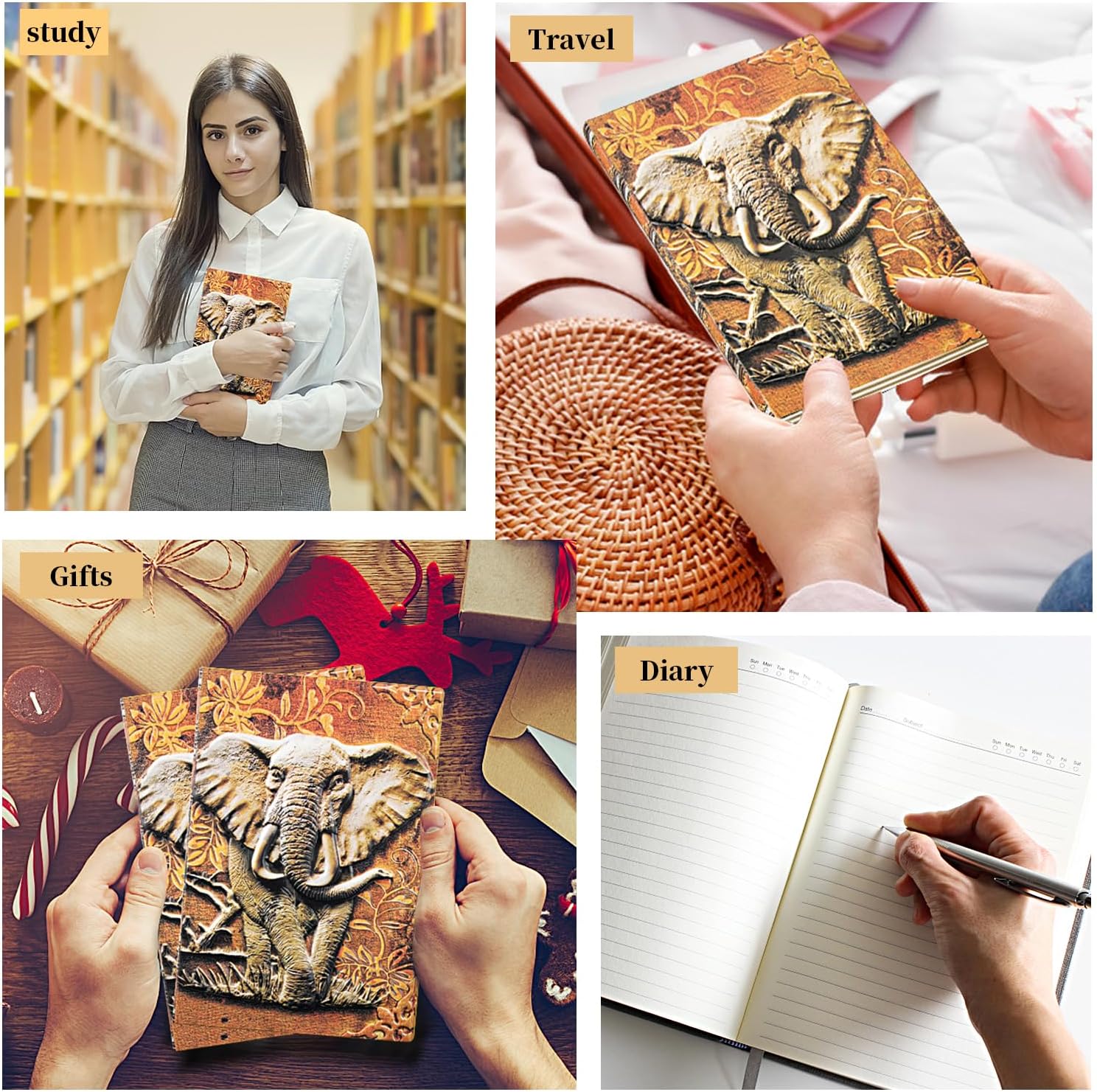 Vintage 3D Embossed Elephant Leather Notebook A5 Travel Journal with Ballpoint Pen and Pen Refill，Pen Sleeve，Antique Handmade Daily Notepad Hardcover Writing Notebook Gift (Elephant) - Image 7