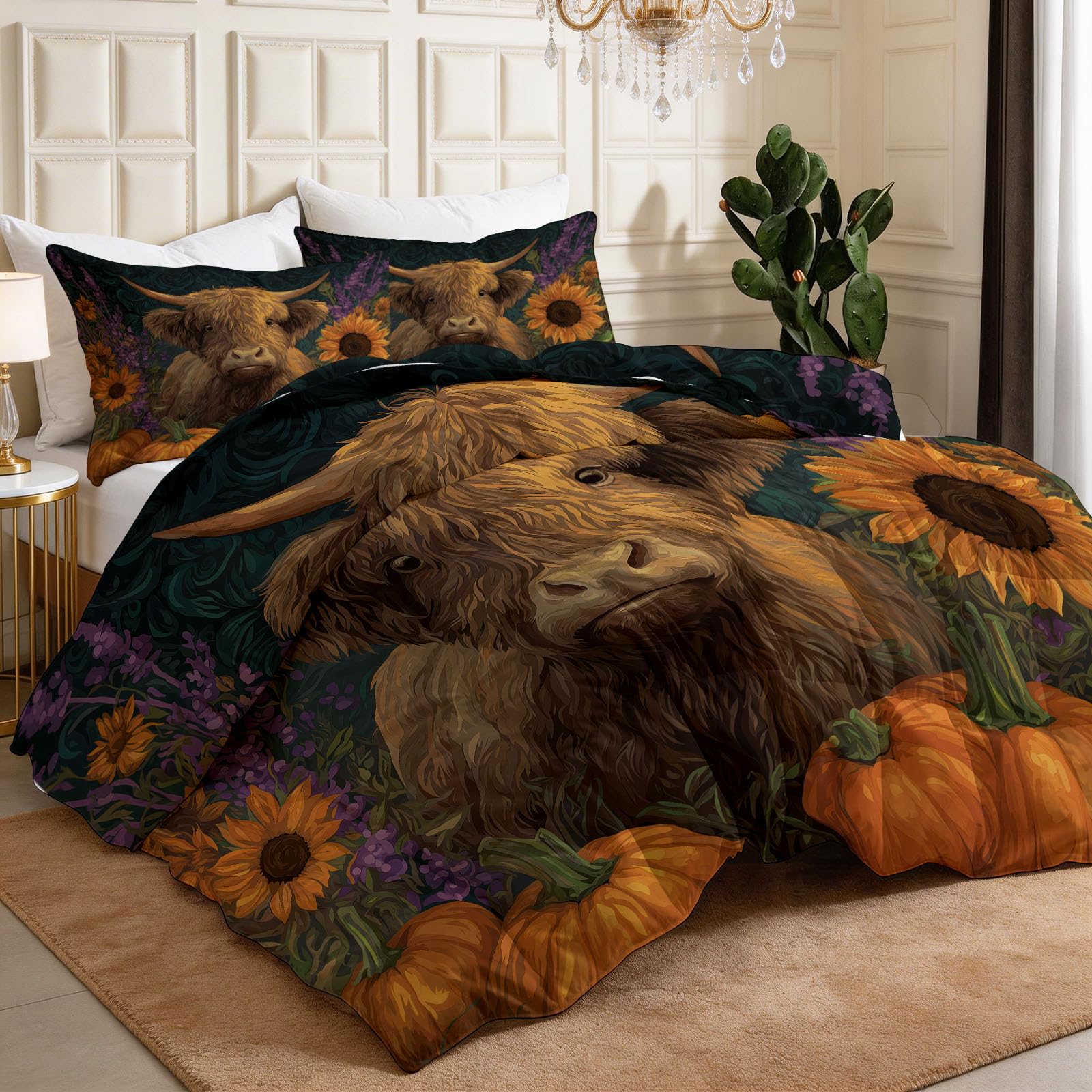 Piumino in stile rustico ad acquerello, senza rivestimento, 135 x 200 cm, motivo floreale, bovini, girasole, 4 stagioni, reversibile, morbida e soffice, per tutto l'anno, lavabile, con 2 federe