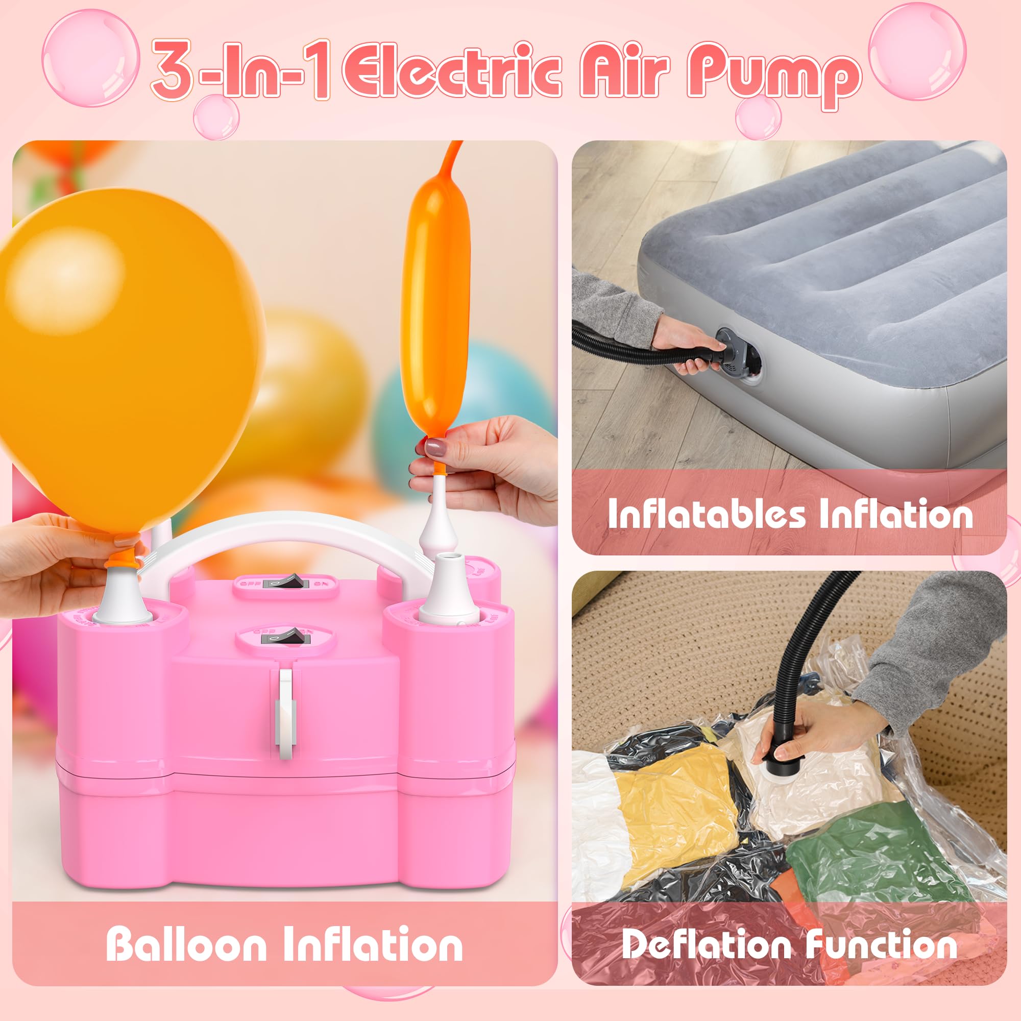 Bomba de globos, puertos de inflado triples para globos de látex de aluminio de 260 q, bomba de aire eléctrica 3 en 1 para inflables y globos, desinflador para anillos de natación, colchón de aire