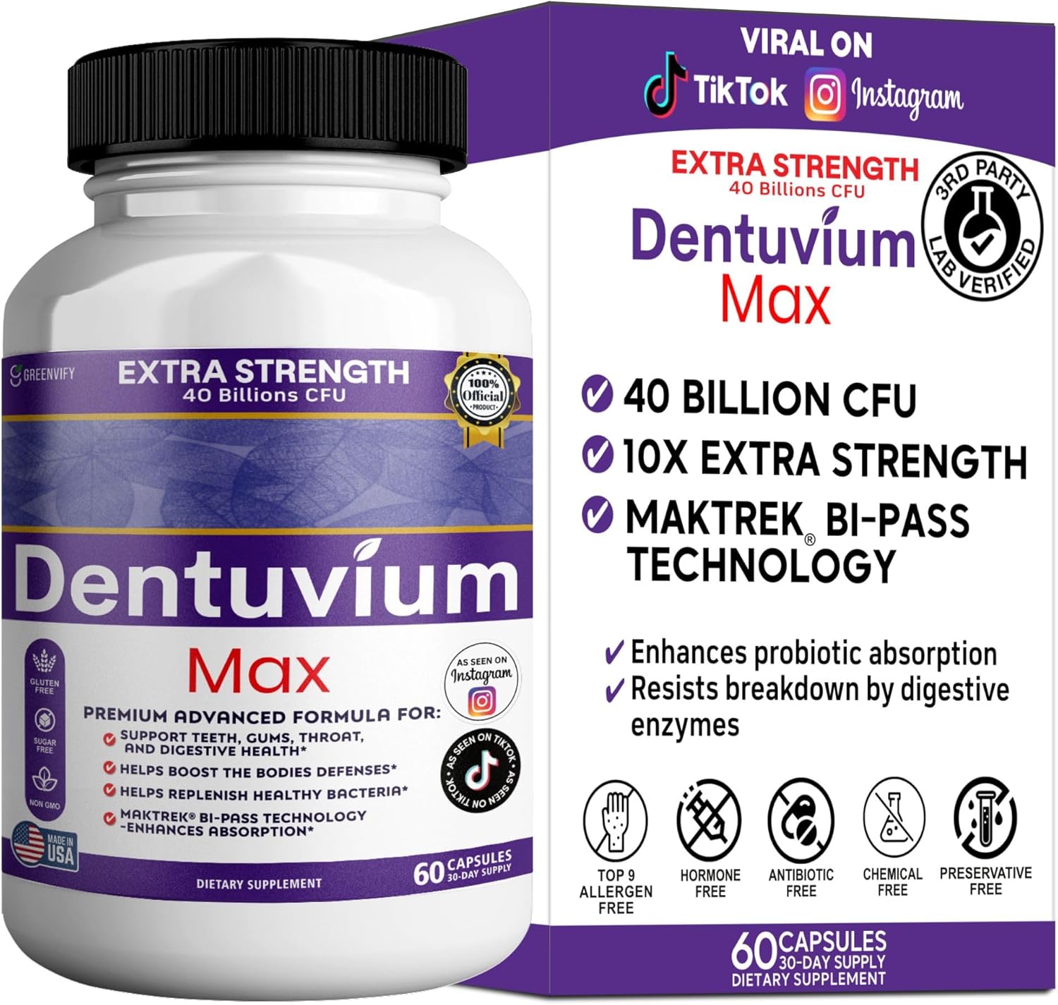 Dentuvium Max Probiotic Supplement - 40 Billion CFU - Supports Teeth Gums Throat Digestive Health - Gluten Free Sugar Free Non-GMO - 60 Capsules (1)
