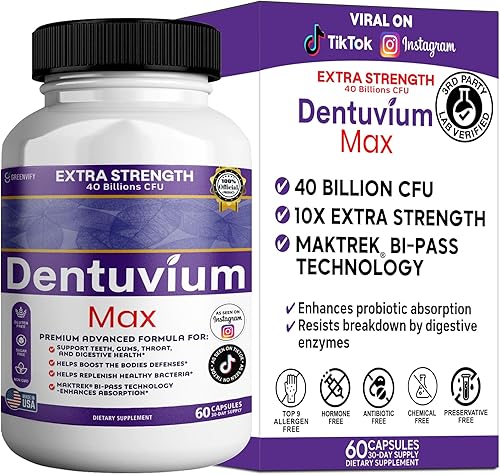 Suplemento probiótico Dentuvium Max - 40 mil millones de UFC - Apoya la salud digestiva de los dientes, encías, garganta, sin gluten, sin azúcar,