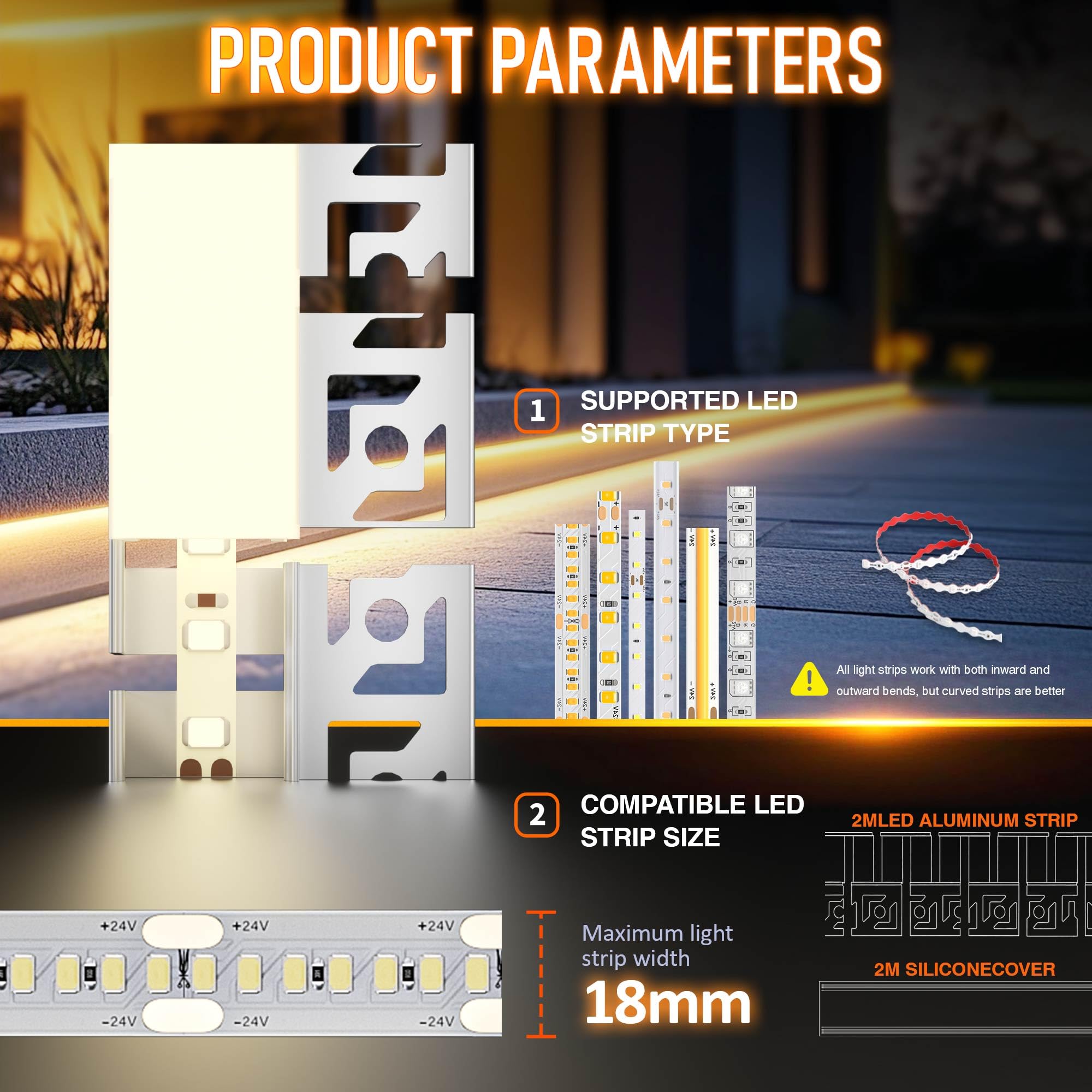 Profil LED do suchej zabudowy, profil aluminiowy, elastyczny, 2 m × 20, do pasków do 18 mm, podtynkowy dyfuzor LED, profil szyny z silikonową osłoną do montażu na sucho