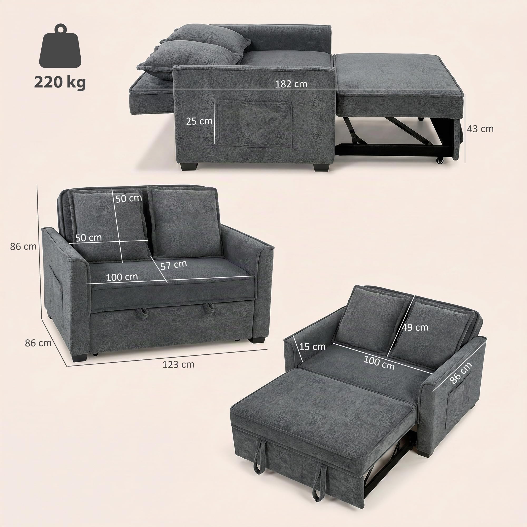 HOMCOM Sofá Cama 2 Plazas 3 en 1 Respaldo Ajustable Gris Oscuro | Sofá Cama Tejido Rizo, 3 Niveles, Bolsillos Laterales, 2 Almohadas con Fundas Extraíbles, Sala de Estar, Espacios Pequeños