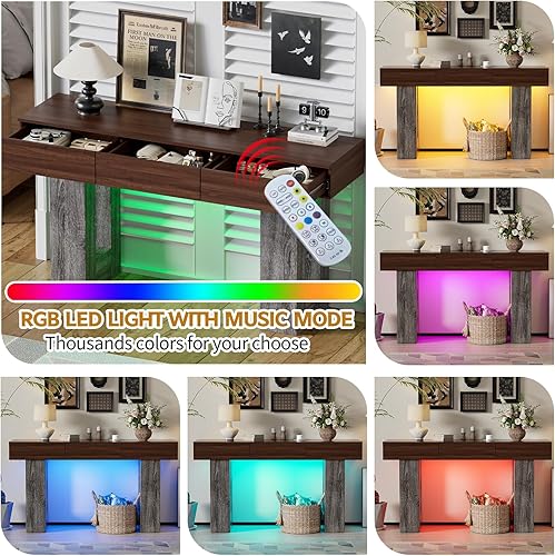 Miniatura 12 de PAKASEPT Mesa consola de 63 pulgadas de largo con luces LED coloridas y 3 cajones, mesa rectangular de madera para sofá detrás del sofá, mesa de