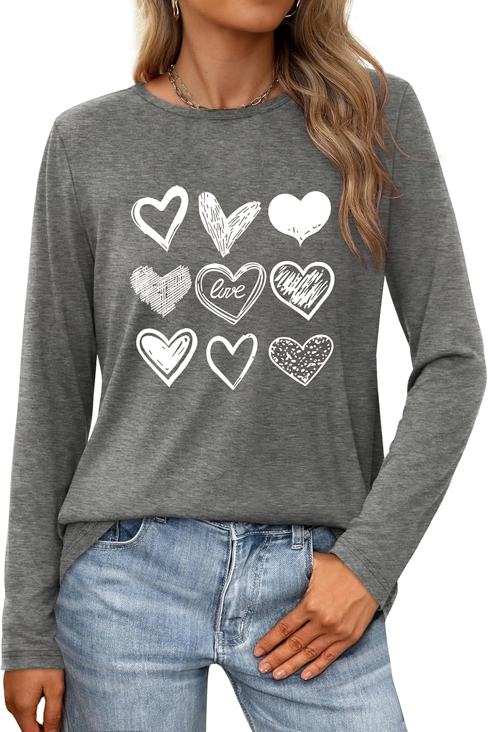Valentines Shirts for Women Love Heart Casual Funny Long Sleeve Tee Tops