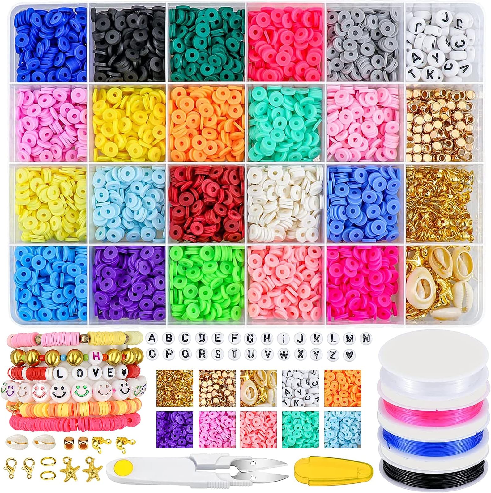 ZoyomaxZoyomax Friendship Bracelet Kit,4880 Pcs Clay Beads for Bracelet Making,6mm 20 Colors Flat Round Polymery Heishi Beads, Letter Beads and Elastic Strings for DIY Bracelets Necklace Jewelry Making