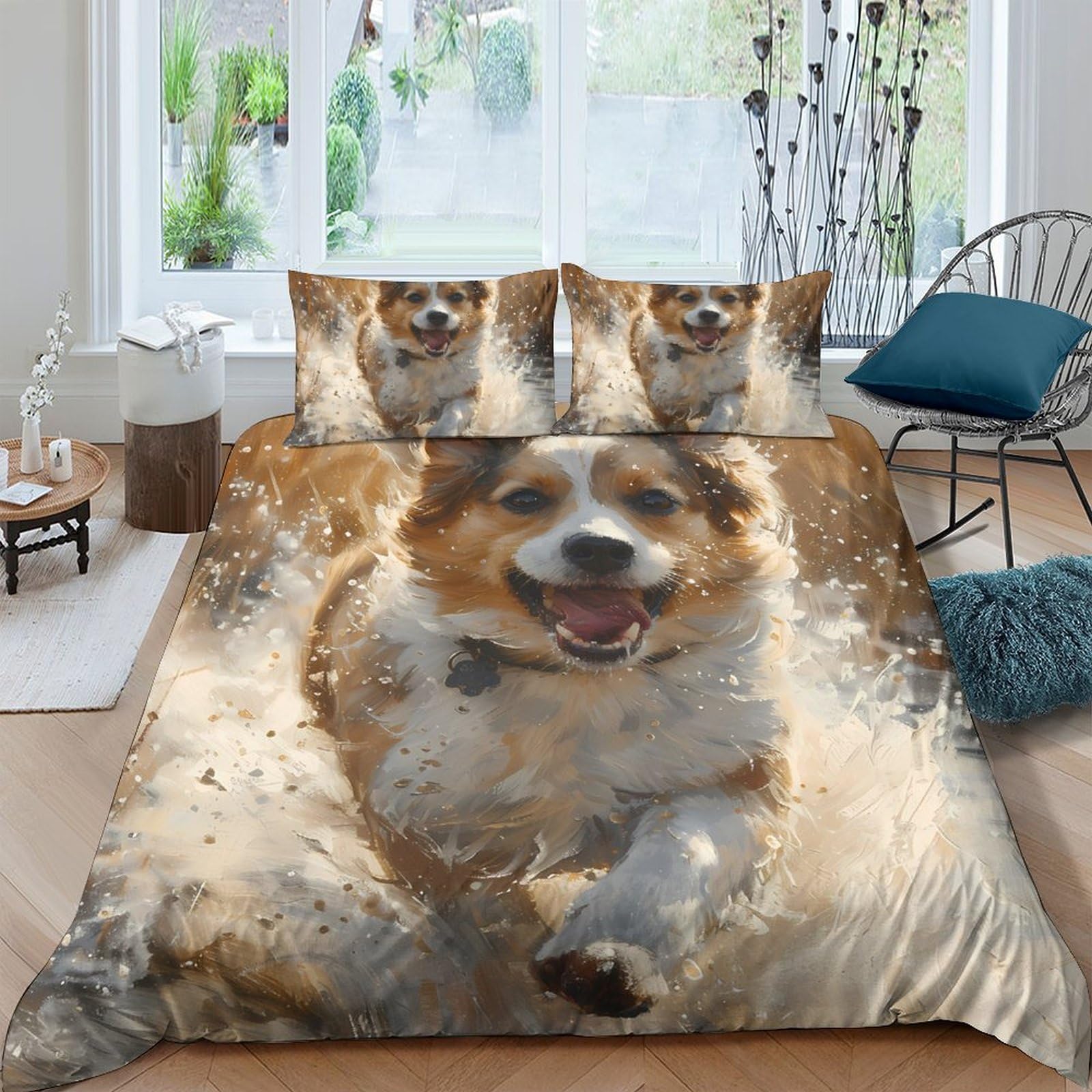 GPLZQXKJNH 3D Printed Running Dog Duvet Cover Microfiber Soft Breathable Corgi Bedding Set with 2 Pillowcases for Bedroom Decor Single（135x200cm）