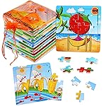 SANNIX 12 Pack Wooden Jigsaw Puzzles for Toddlers 3 4 5 Years Old, Party Favors Animals Jigsaw for Kids, Transportation Educational Puzzles Travel Toy with 12 Organize Bags