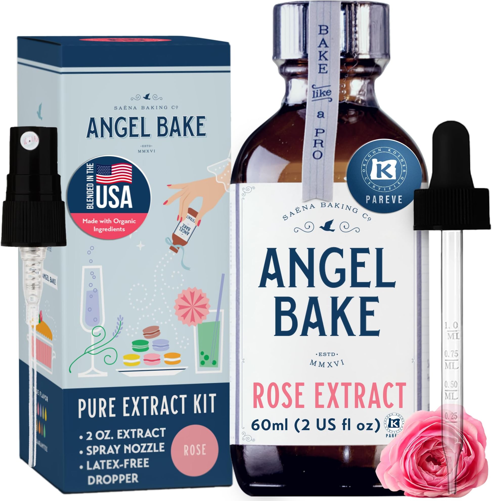 SAENA BAKING CO PURE Culinary Flavoring Extracts for and Mixology. 100% Natural. Keto Friendly, Vegan, Gluten Free, Non GMO. (Rose, 2 Oz with dropper + sprayer)