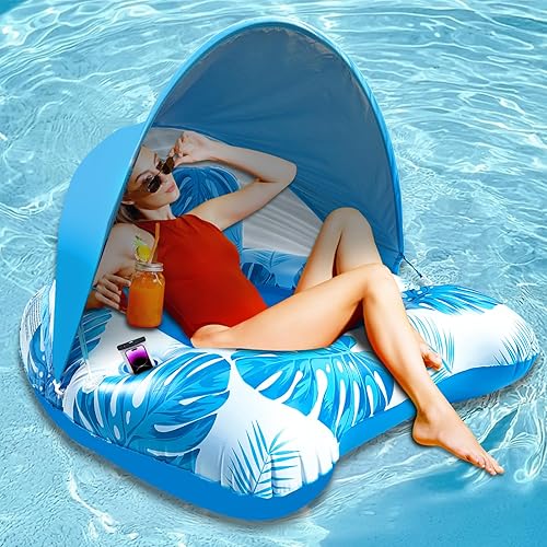 AMENON Silla flotante XL para piscina, flotador de piscina para adultos con toldo ajustable de malla y asiento trasero, flotadores de piscina para