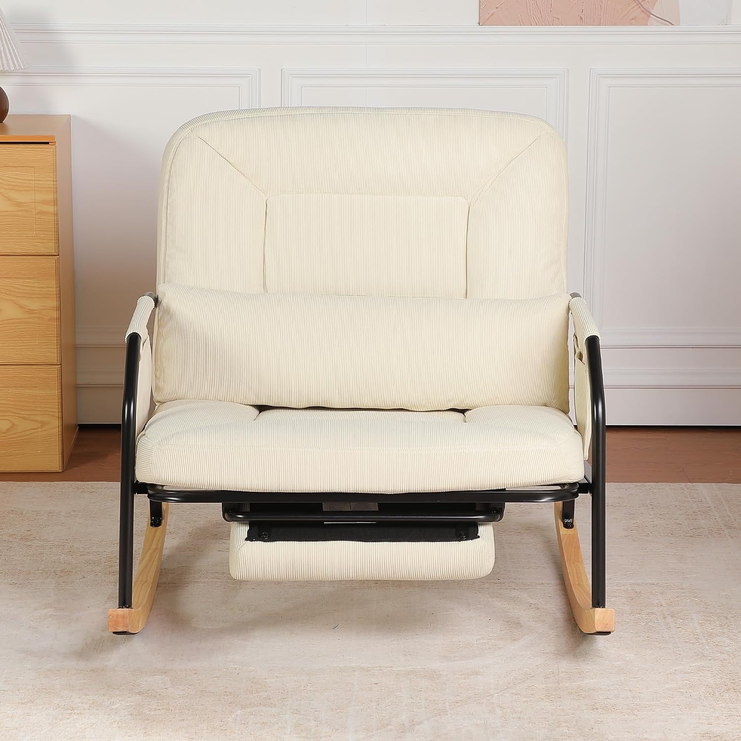 Oversized Rocking Chair Nursery with Footrest, Lumbar Pillow, Side Pocket, Rocking Recliner Chair with 4 Positions Adjustable Backrest, Wide Seat Indoor Glider Rocker for Living Room Bedroom, Beige