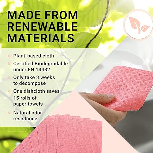 Miniatura 10 de Paños de esponja de celulosa sueca para platos, paquete de 10 paños de limpieza ecológicos, sin olor, reutilizables, para cocina, absorbente de