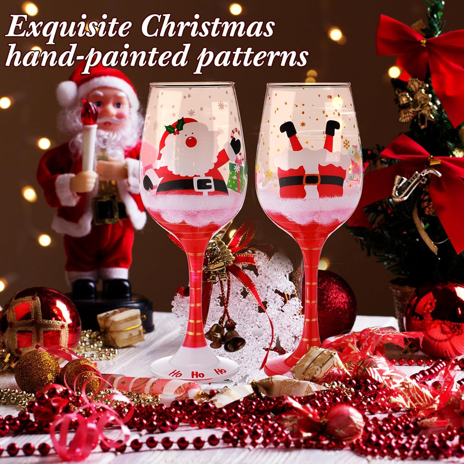 Boao Set of 6 Christmas Wine Glasses 14.9oz Festive Santa Snowman Christmas Tree Drinking Goblets Cups Painted Xmas Gift Winter Wine Glassware for Party Wedding Holiday(Red,Green,Santa)
