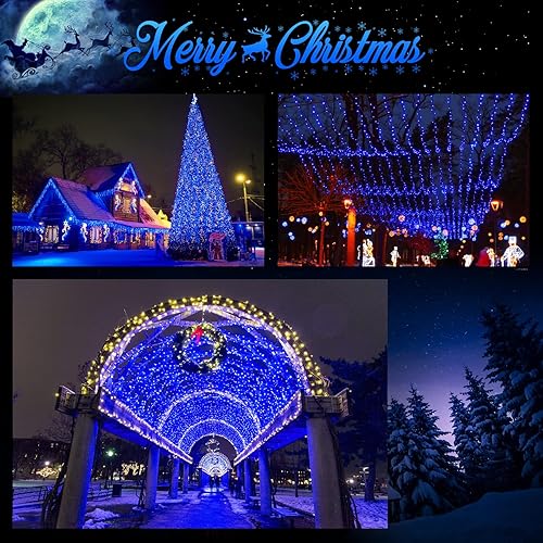 Miniatura 7 de JMEXSUSS 600 luces LED solares azules de Navidad, 206.7 pies, luces azules de Navidad al aire libre, impermeables, 8 modos de luces solares al aire