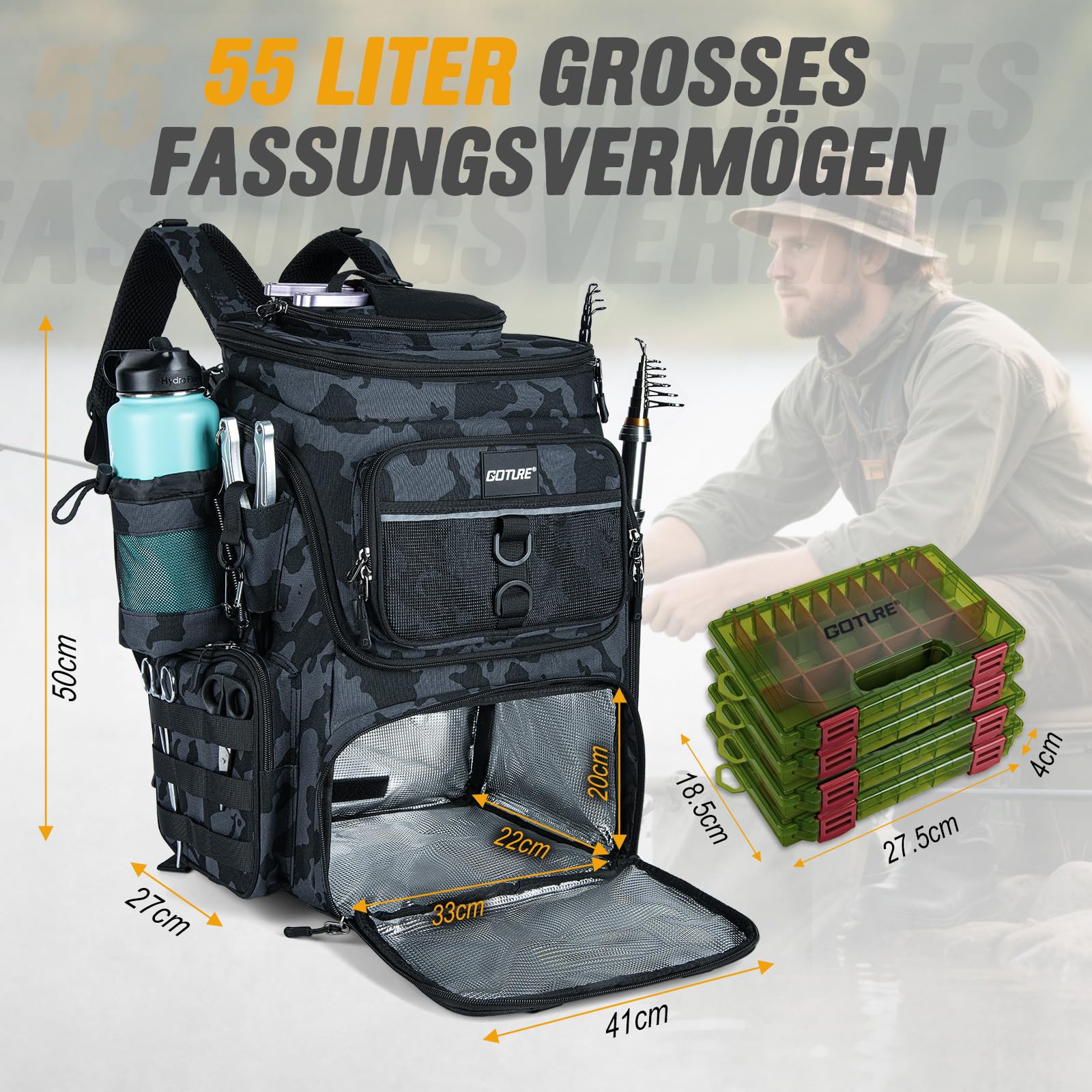 Goture Zaino da pesca con 4 scatole per esche da pesca, 55 litri, con due supporti per canna e parapioggia, in tessuto Oxford 900D, impermeabile, borsa per attrezzatura da pesca con scomparto