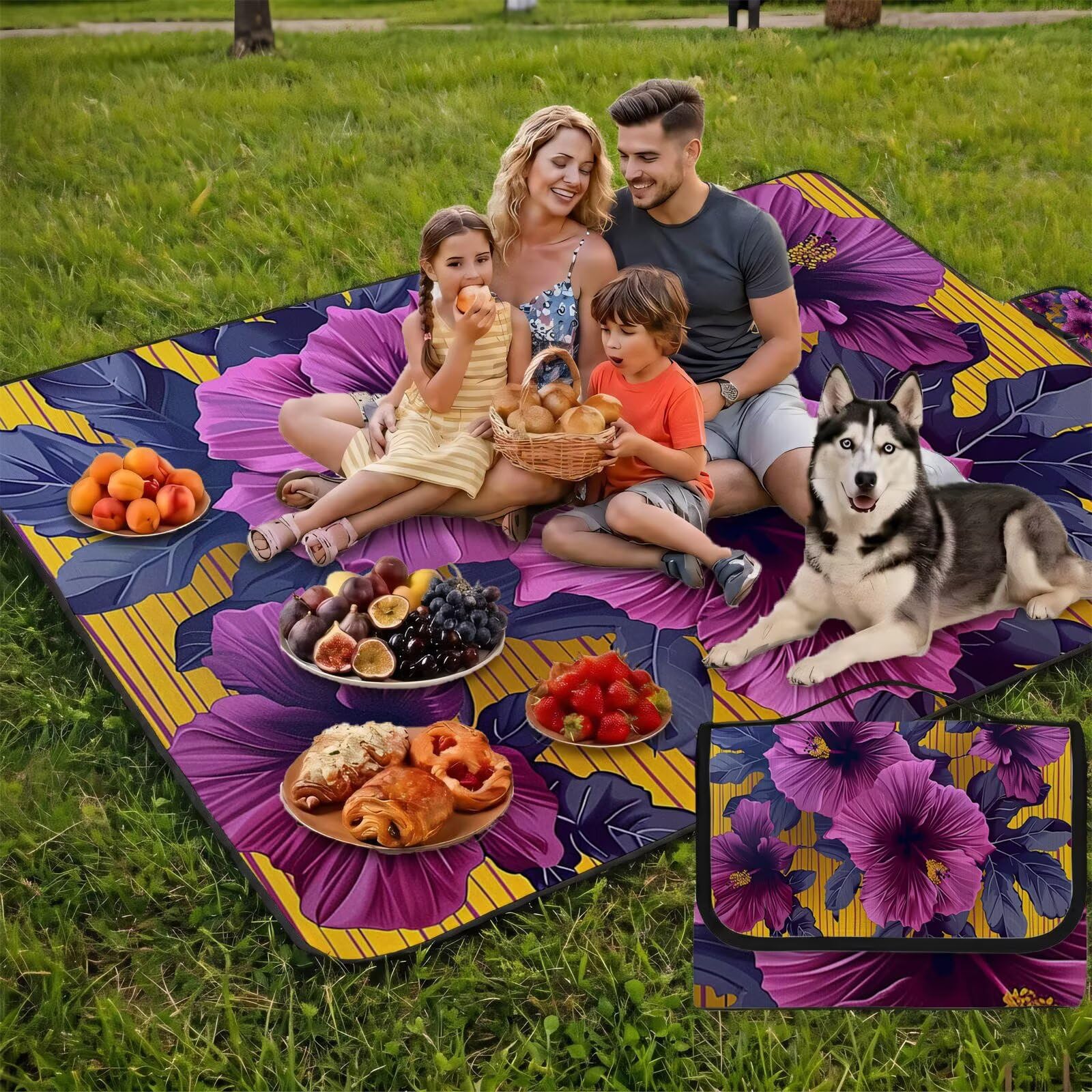 Couverture de Pique-Nique Grande 200x300cm,Outdoor Couverture Imperméable,Pliable Tapis de Plage Dos en PVC Anti-Sable,Picnic Blanket pour Camping Accessoires,Jardin,Parc - Violet,Orange UZ-668