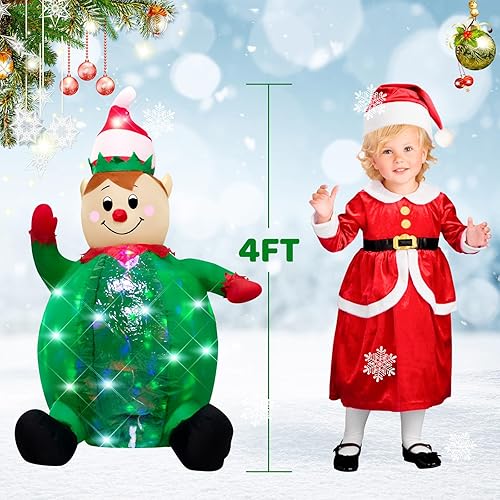 Miniatura 4 de Elfo inflable de Navidad de 4 pies para decoración interior y exterior, elfo verde con luces LED giratorias para patio, para Navidad, WM - 12