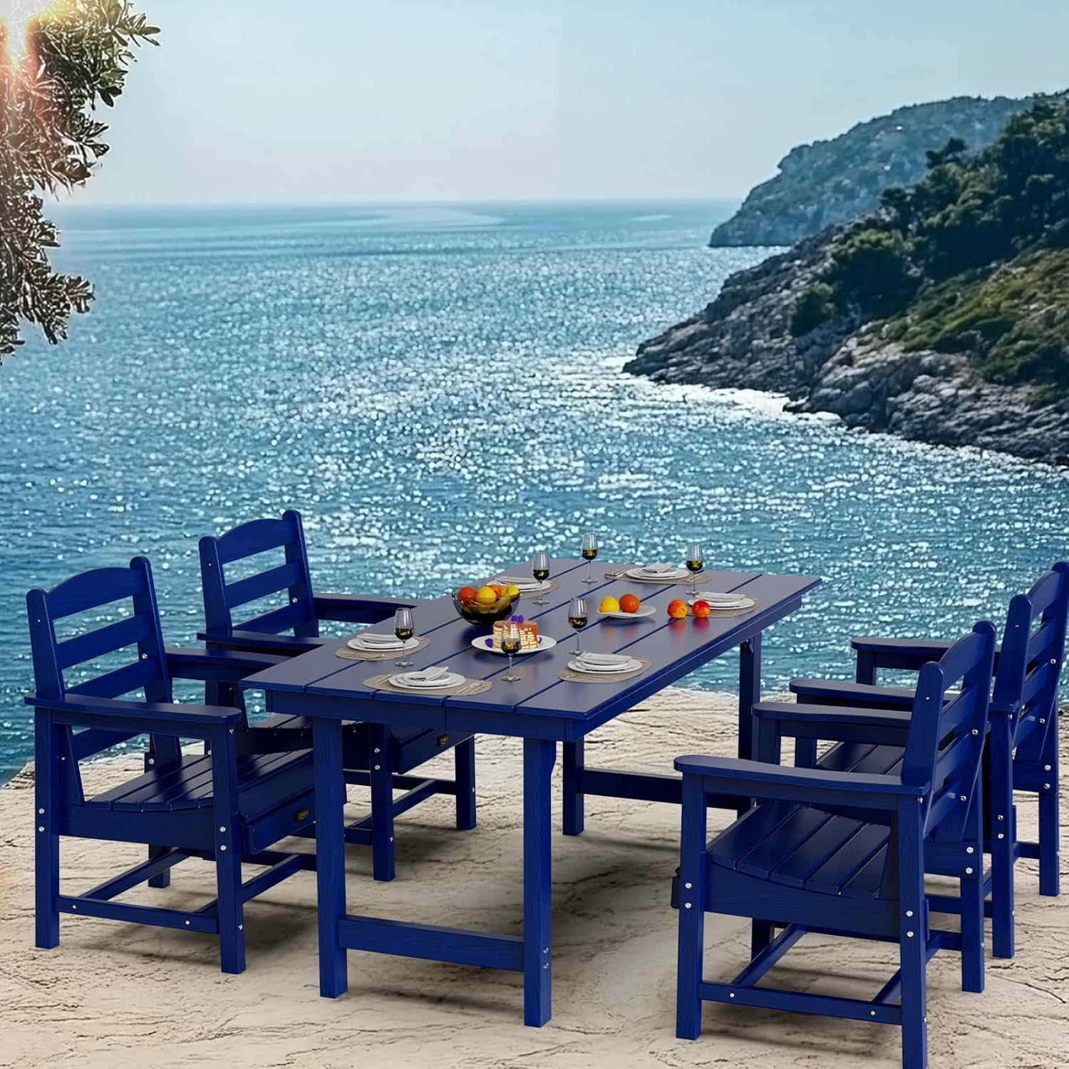 The VINGLI 5-Piece Outdoor Patio Dining Set placed on a patio overlooking a scenic ocean view, demonstrating its suitability for outdoor environments.