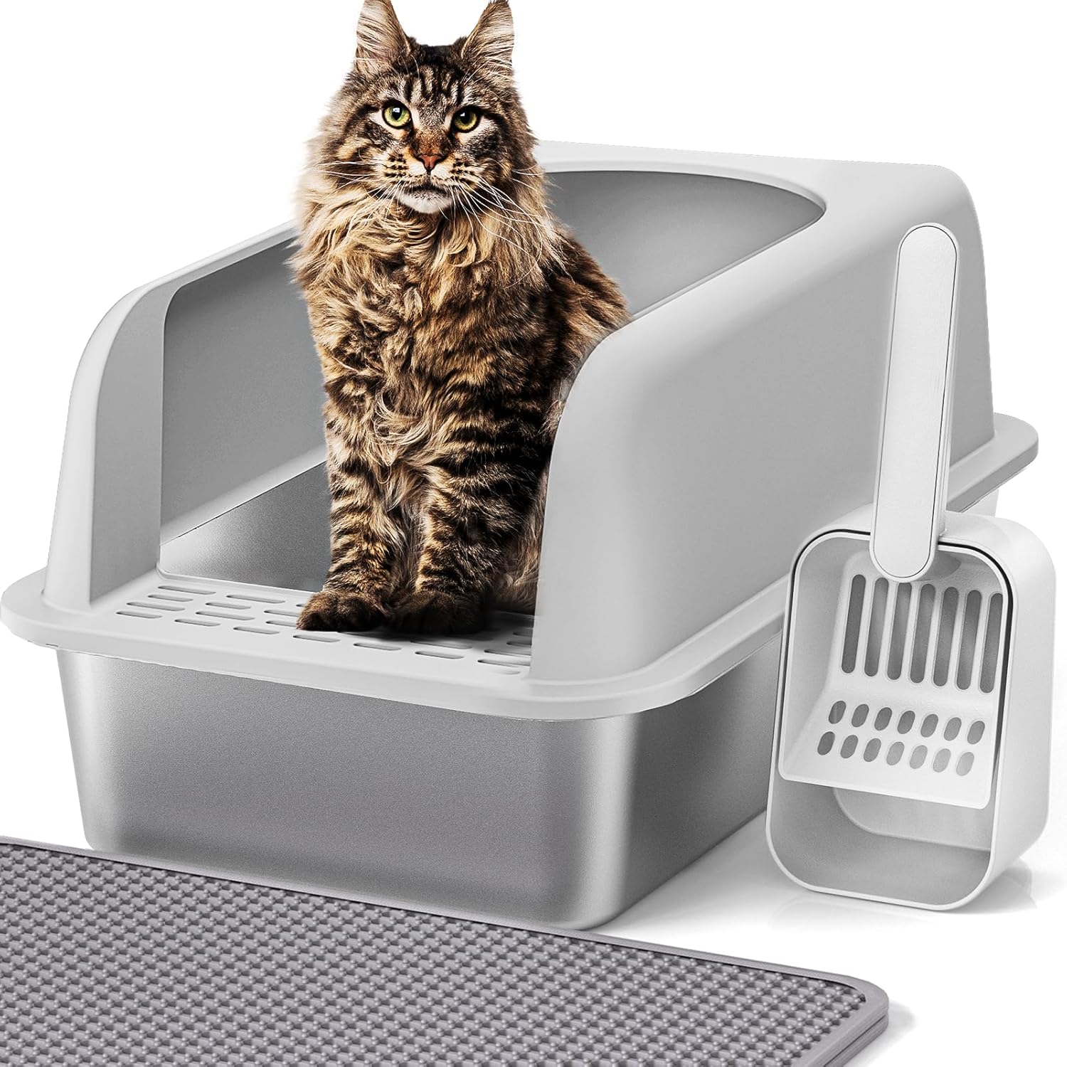 Henkelion Stainless Steel Extra Large Cat Litter Box 20x14.2x11.8 High Sided Anti Leak w/Lid, Mat & Scoop for Big Cats