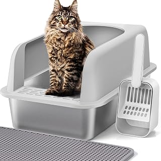 Henkelion Stainless Steel Extra Large Cat Litter Box 20x14.2x11.8 High Sided Anti Leak w/Lid, Mat & Scoop for Big Cats
