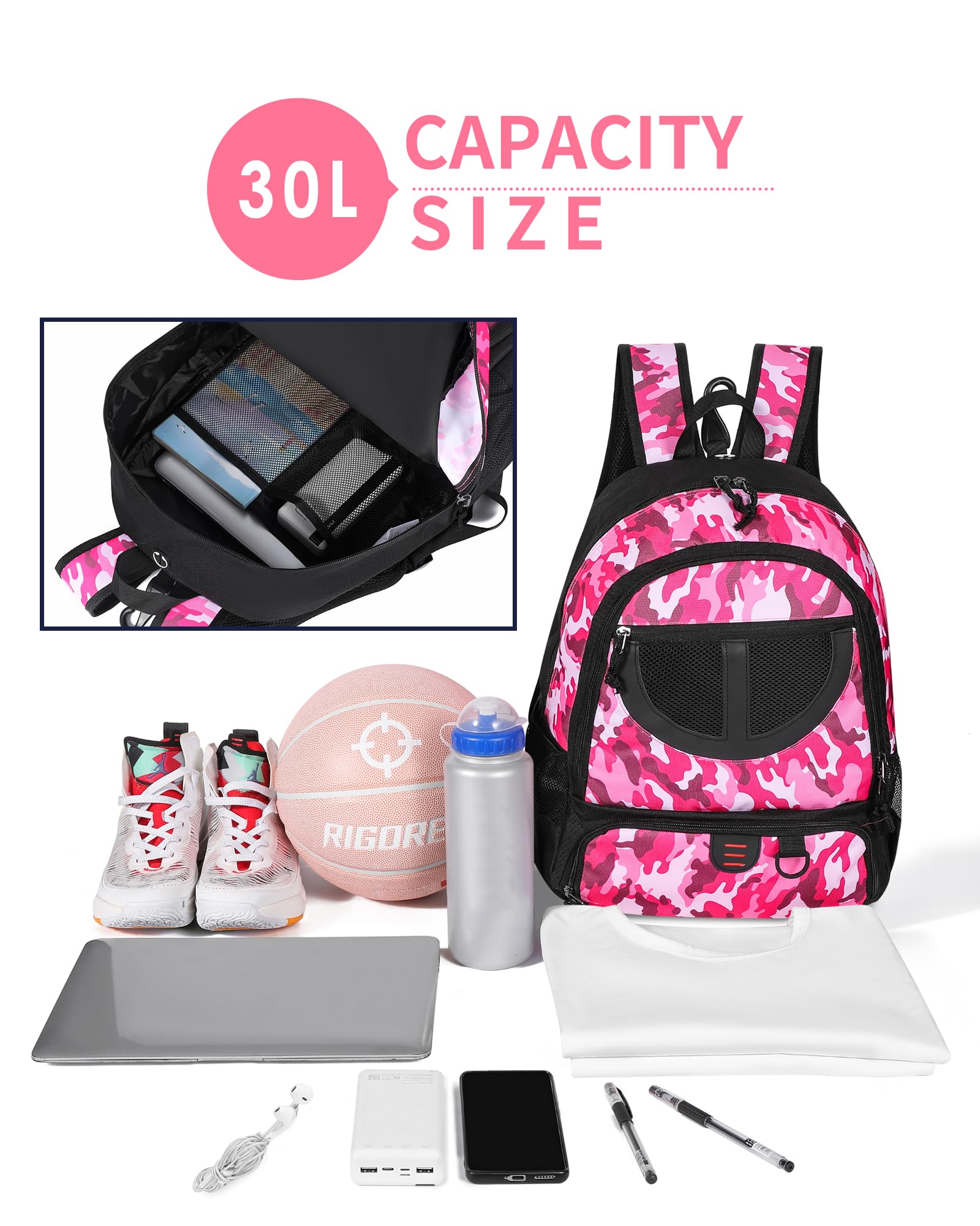 Sac à Dos de Basket-Ball pour Homme et Femme avec Compartiment pour Ballon et Chaussures, capacité 30 L, léger et Respirant, pour Volley-Ball, Football, Sport, Voyage, école, Salle de Sport