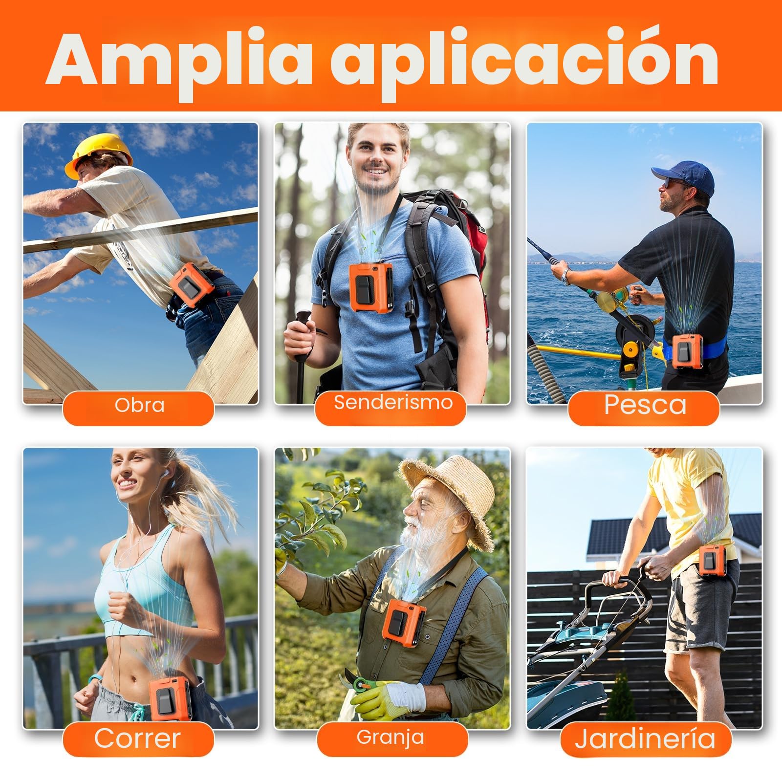 Uplayteck Ventilador de Cintura portátil, 5 Velocidades, 18.000 RPM, Batería de 10.000 mAh Hasta 35 Horas de Autonomía, Powerbank y Linterna, Refrigeración Rápida Ventilador Camiseta (Naranja)