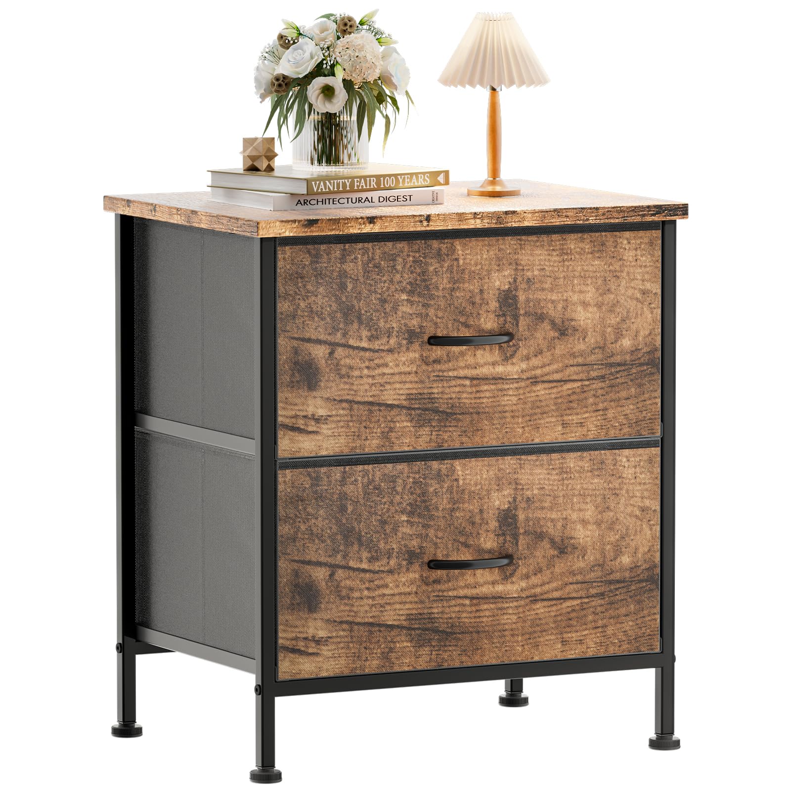 GipGiper Nightstand with 2 Drawers, Night Stand Dresser for Bedroom, Small Dresser with Fabric Bins, Leather Finish, Modern Bedside Table End Side Table for Living Room, Dorm, Closet, Nursery, Brown