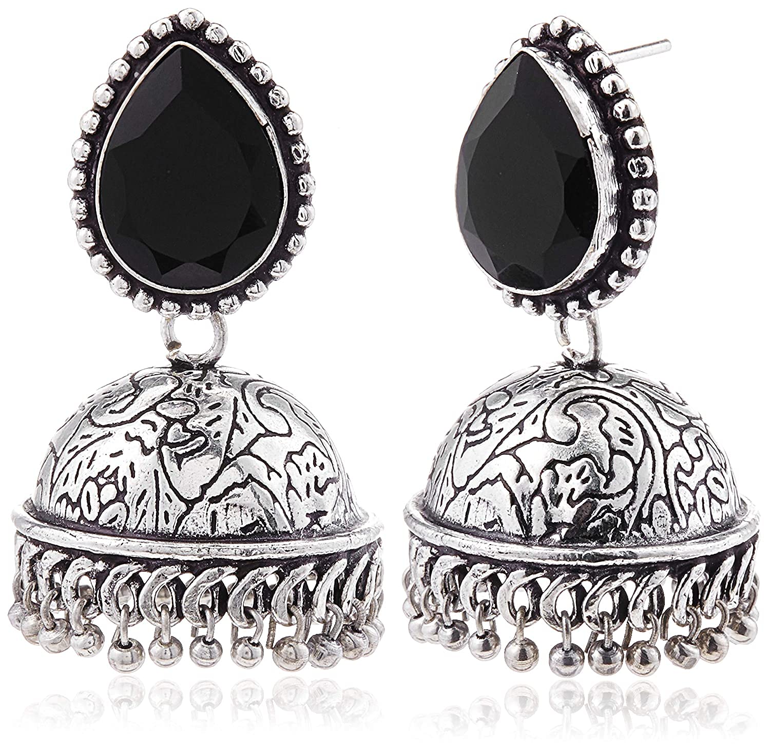 Indian jhumka Earrings - Oxidized Silver Ethnic Jhumka with black stone - These Stud style dangling handmade jhumka is perfect for girls and women-picture-28