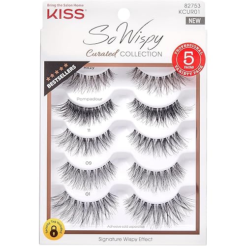 KISS So Wispy Curated Collection of Bestselling False Eyelash Styles Multipack, Volume & Curl, Lash Extensions Look, Signature Wispy Effect, Cruelty Free, Reusable, Contact Lens Friendly, 5-Pair