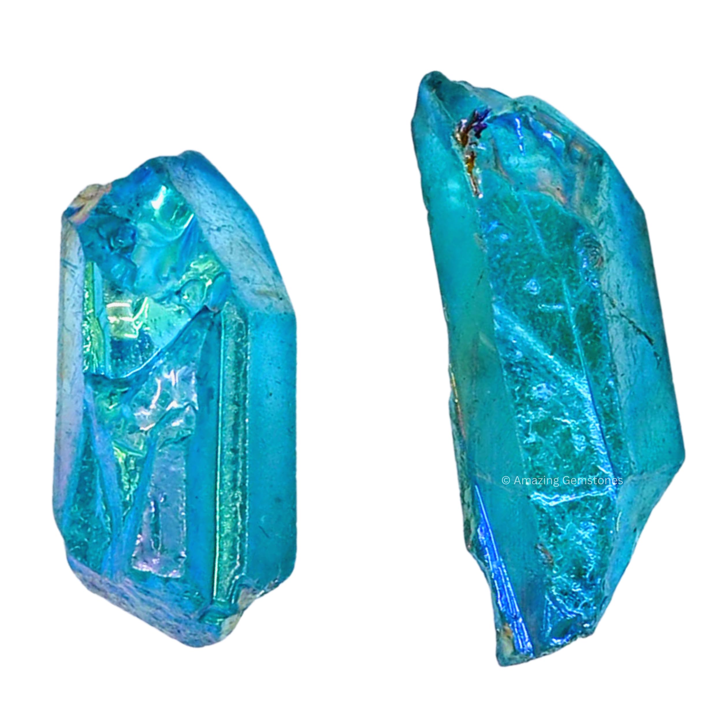 Aqua Aura Quartz Crystals and Healing Stones, 2 Piece Raw Points | Certified Healing Crystal Rough Rocks For Tumbling and DIY Projects Gifts - Positive Energy, Chakra Healing, Meditation