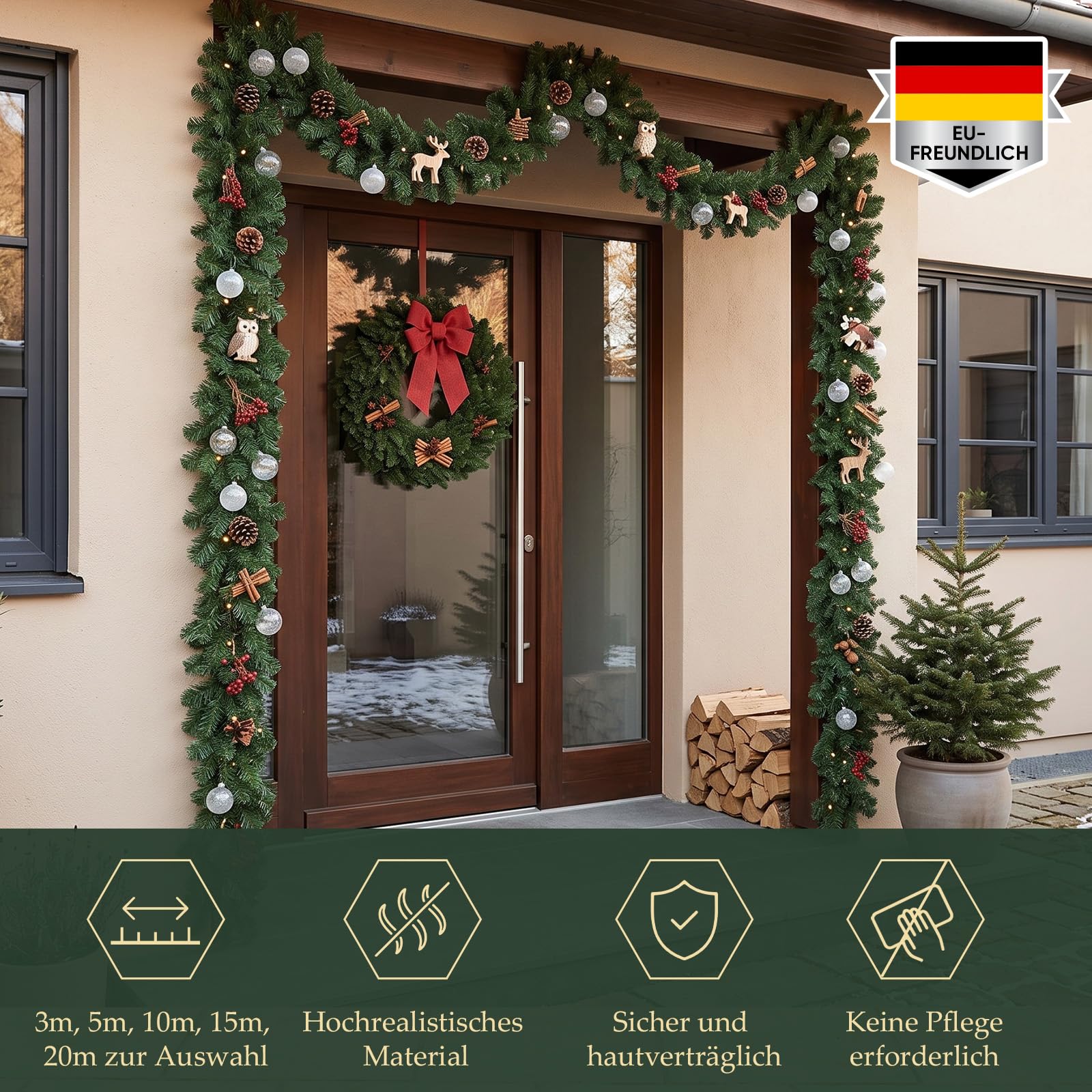 SALCAR Weihnachtsgirlande 20 m – Künstliche Tannengirlande ohne LED, Sattgrün, Wetterfeste Weihnachtsdeko für Innen & Außen, PVC Tannenzweiggirlande