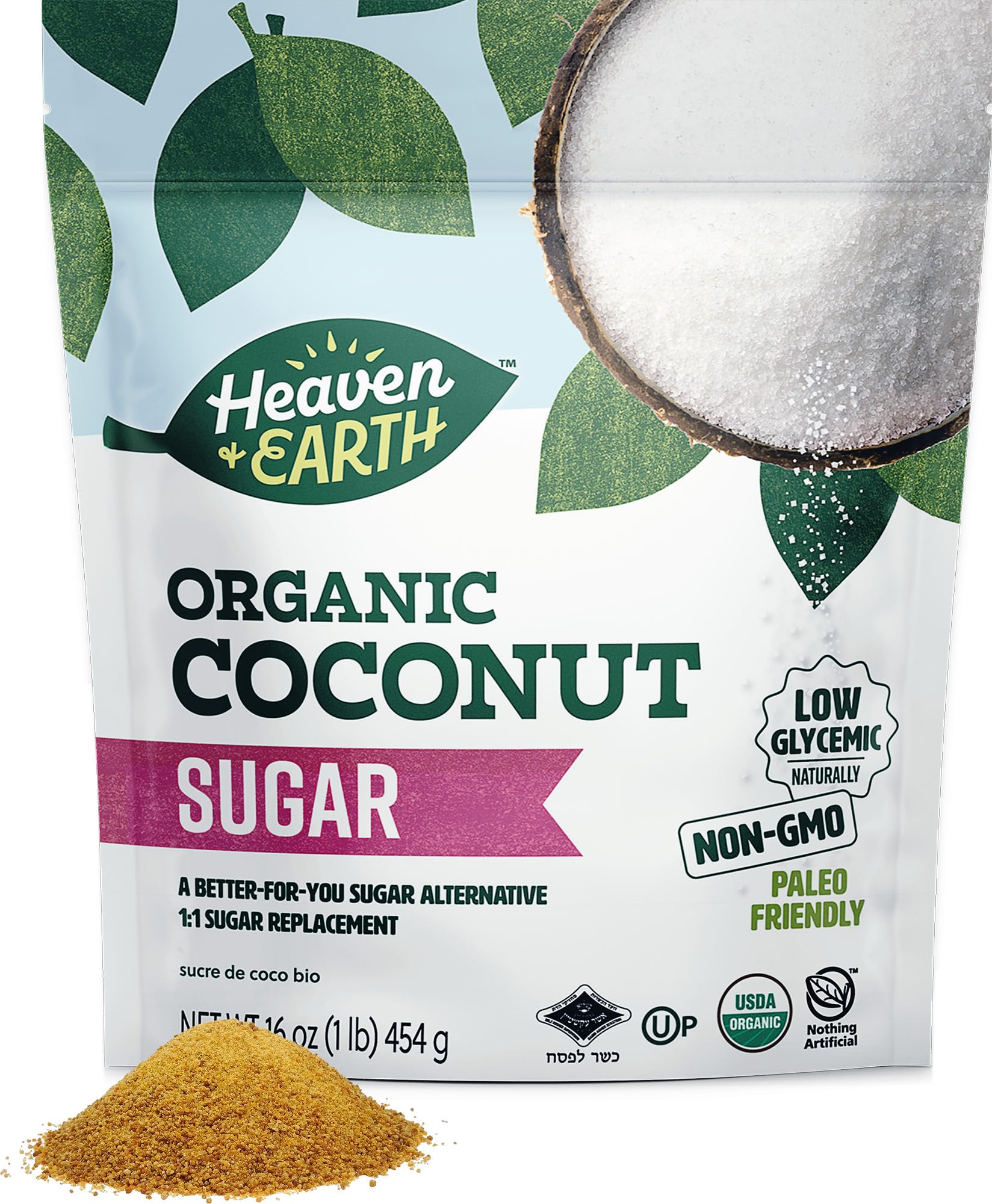 Heaven & Earth Organic Coconut Sugar, 16oz | Low Glycemic | Unrefined Sugar Alternative | Natural Sweetener | Coconut Palm SugarUSDA Organic