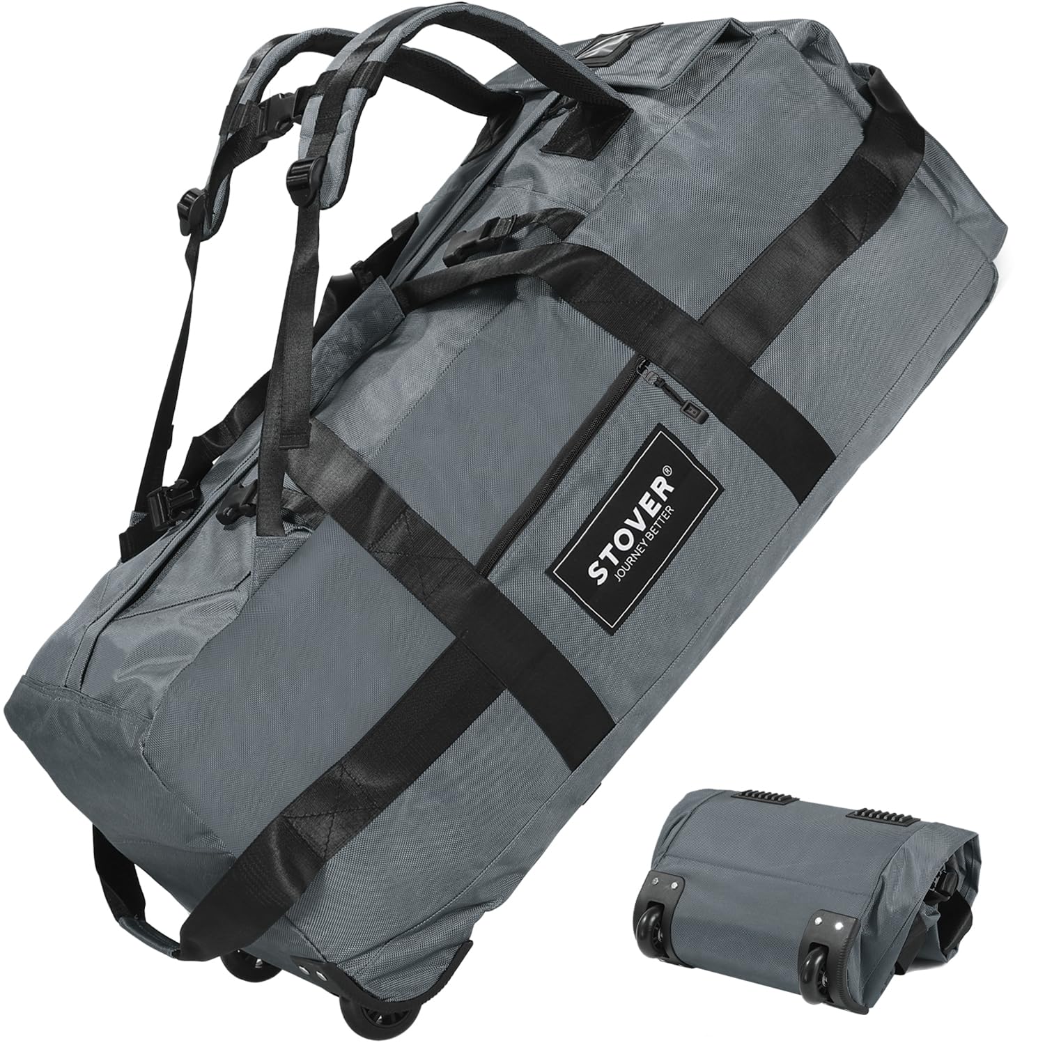 Stover 80L Rolling Duffel Bag with Wheels, Extra Large 31 Inch Durable Travel Duffle Bag- Rugged, Collapsible, Rollable Design w/Shoulder Straps- Use as Luggage or Backpack for Men/Women