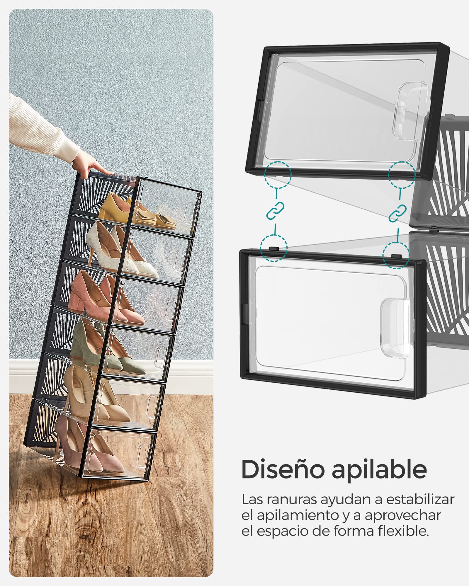 SONGMICS Cajas para Zapatos Transparentes, 18 Cajas de Zapatos, Robusta, Organizadores Plegables, Talla 44, Apilables, para Exponer Zapatillas, Tacones Altos, Transparente y Negro LSP106B18