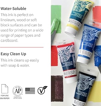 Speedball Water-Soluble Block Printing Ink Set 4 Bold Colors With Satiny Finish - 1.25 FL OZ Tubes