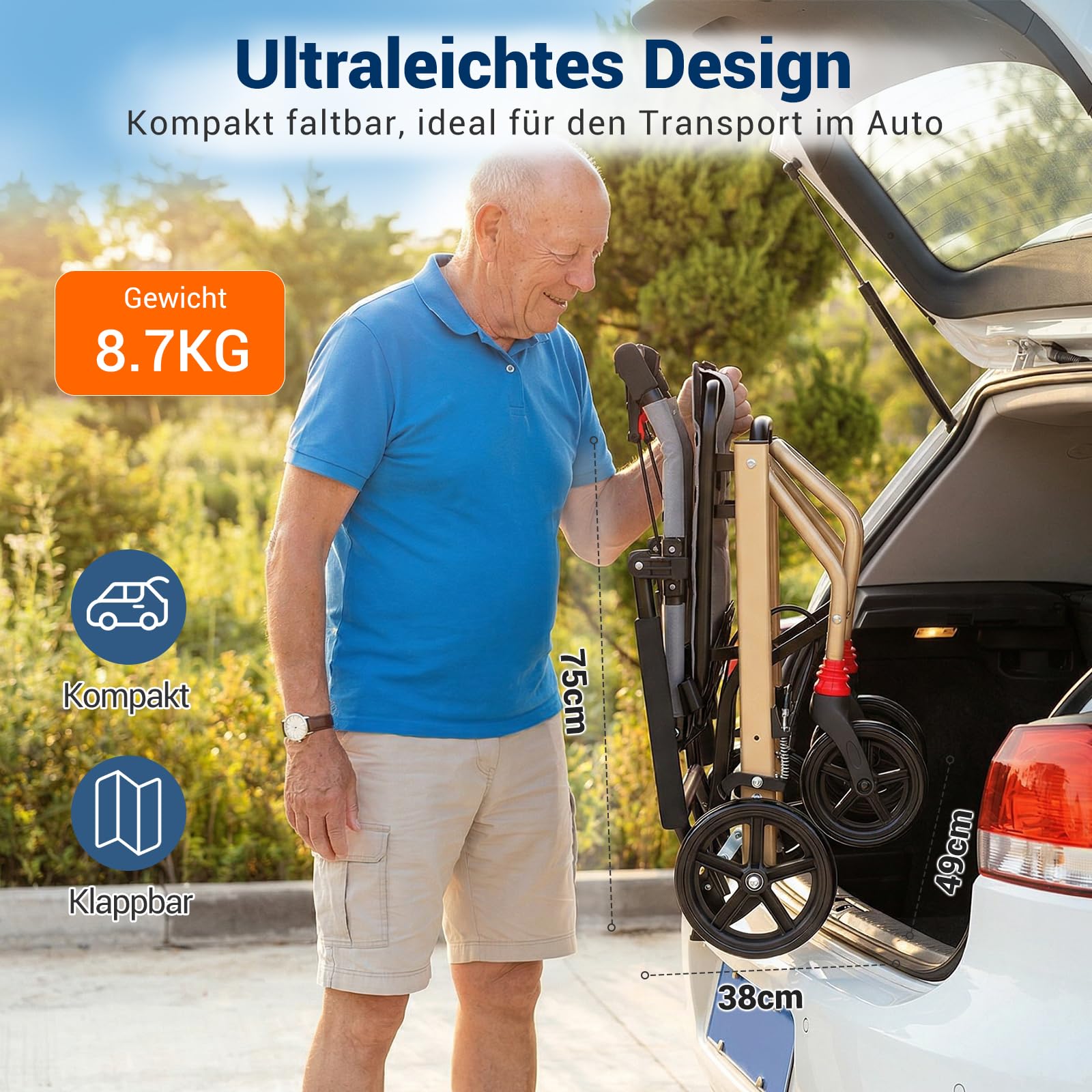 Care Parents reiserollstuhl Faltbar & Leicht (8,7kg), 41cm Sitzbreite,mit ausziehbarer Zugstange, Aluminium rollstuhl, Kompakt für Flugzeug, Bahn & Auto, Armlehnen hochklappbar, Bis 100kg (CP-9209)