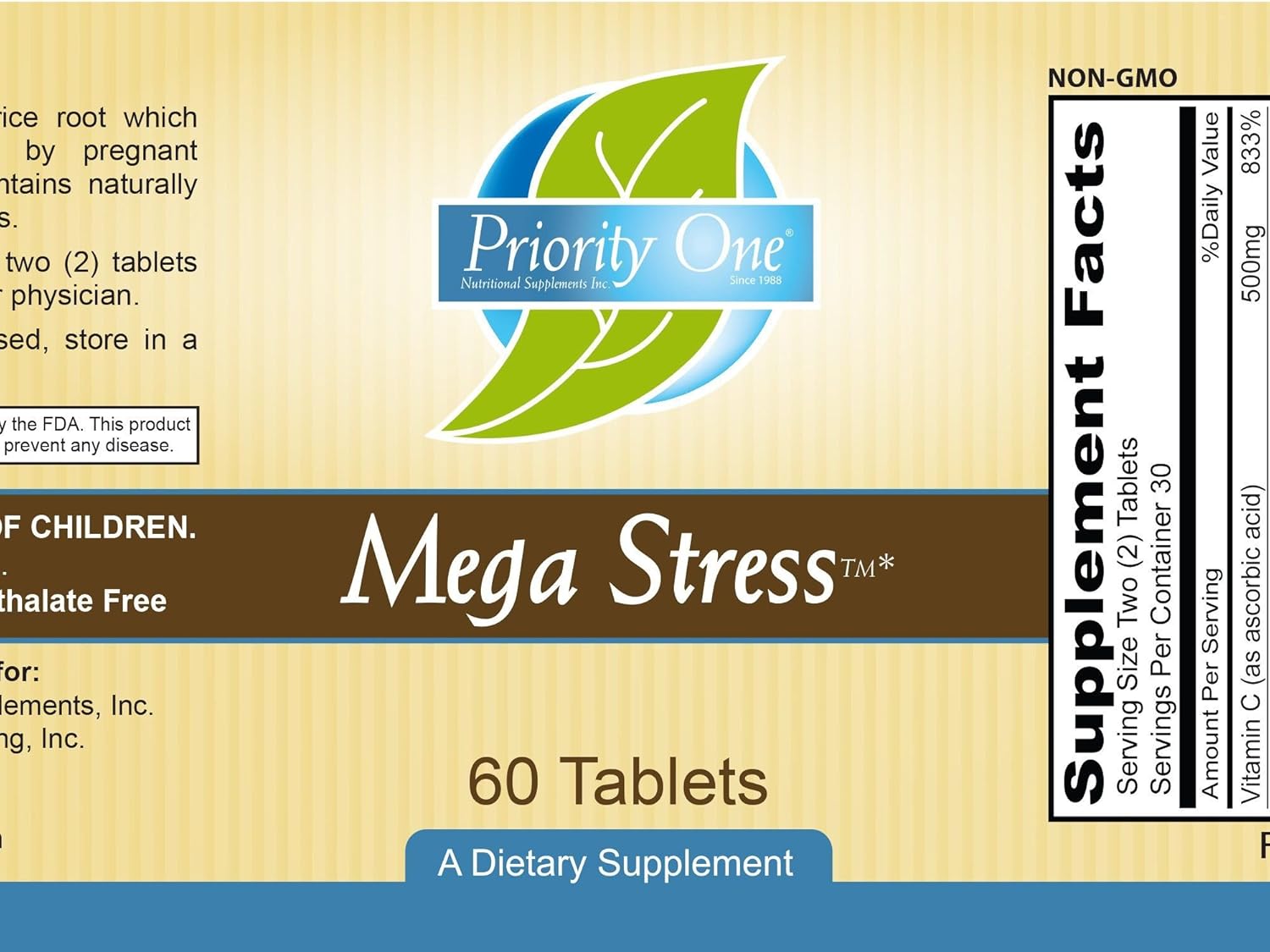 Priority One Vitamins Mega Stress 60 Tablets - B Vitamin Complex with The Benefits of Adrenal.*