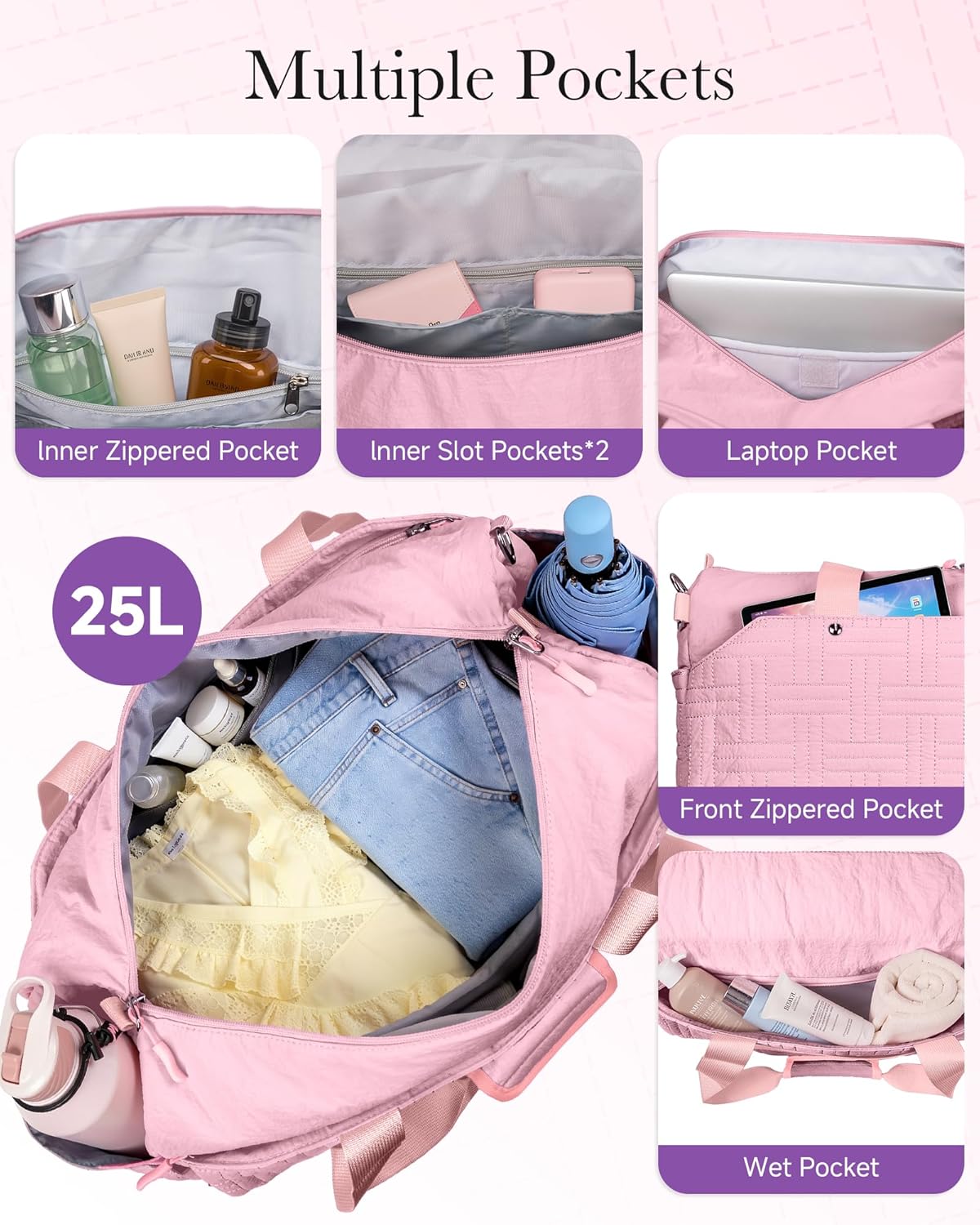 Quilted Carry On Personal Item Bag for Airlines, Under Seat Travel Duffle Bag for Women with External Wet Pocket & Laptop Sleeve, Lightweight Weekender Overnight Bag, 17" x 9.5" x 10", Pink