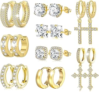 9 pares de aretes para hombre, de acero inoxidable, pequeños, hipoalergénicos, con circonita cúbica, aretes colgantes con circonita cúbica, juego de aretes tipo dormilona para hombre